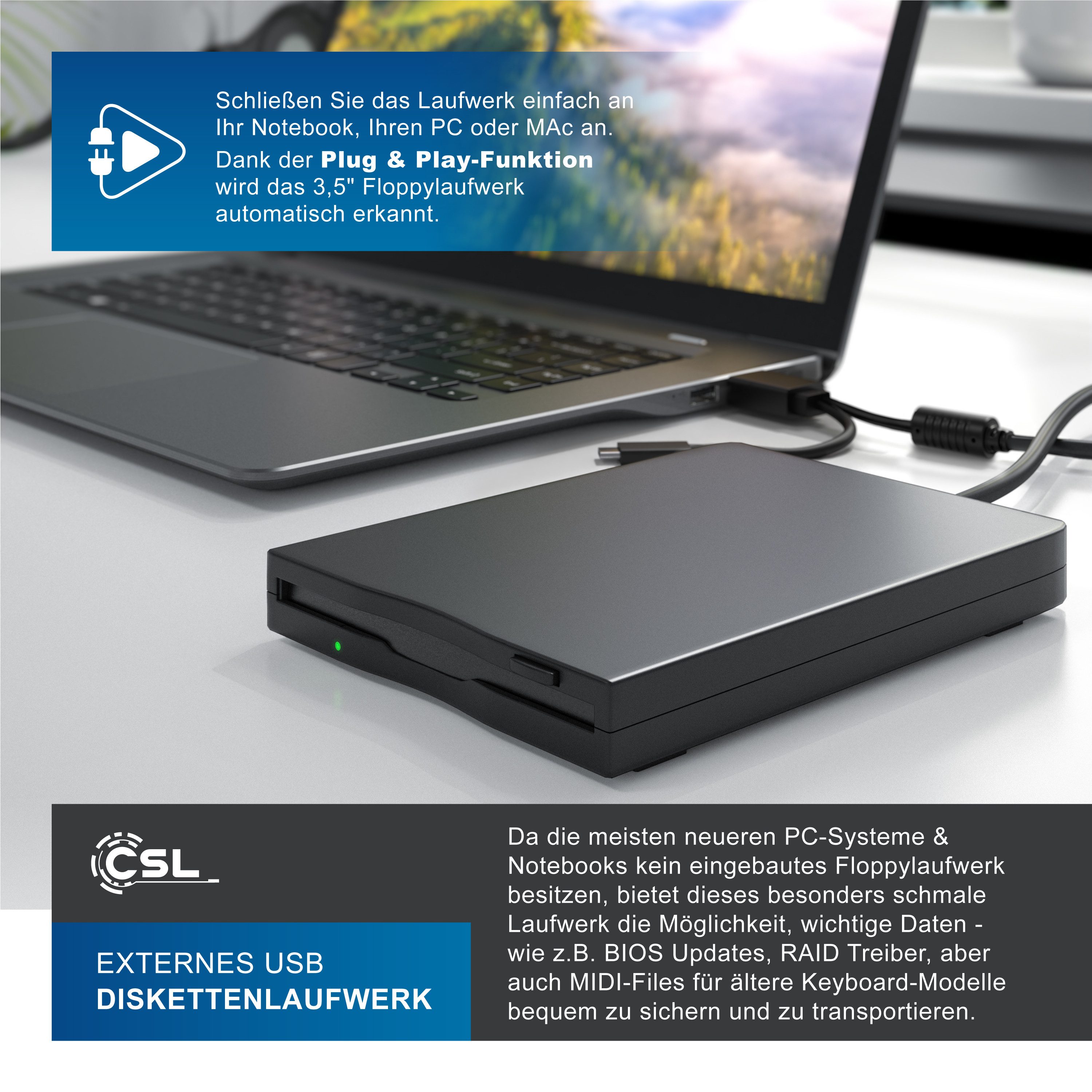 CSL Externes 3,5 Zoll, 1,44 MB, USB A und C, Plug & Play Diskettenlaufwerk (USB 2.0, USB-A, USB-C, Slimline Design, keine Treiber, Windows 10 11, schwarz, 14x10x1,7 cm)