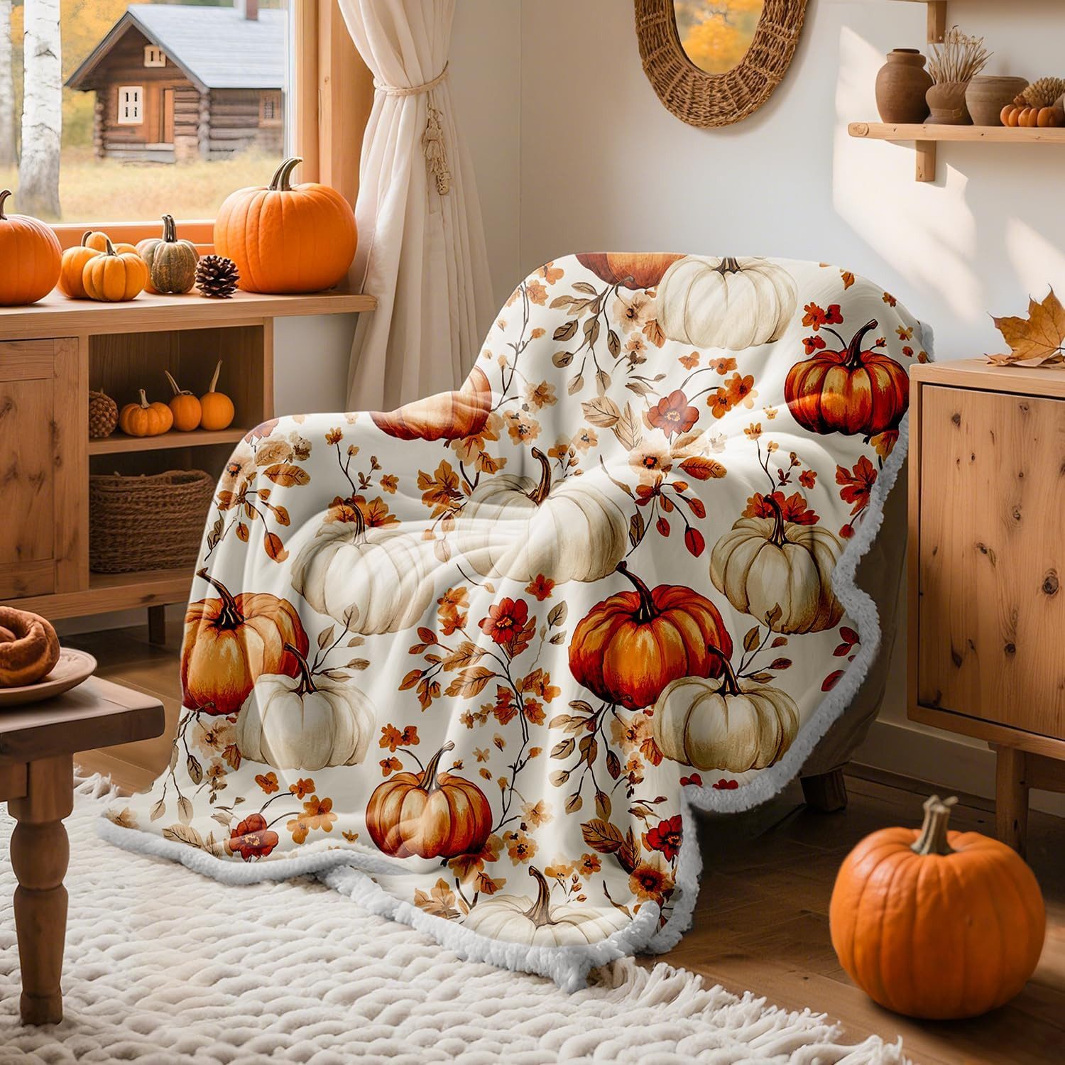 Wohndecke Herbstdecke mit Kürbis- und Blattmotiv, weich, 150 x 130 cm, FOUORTUNATE-BEE, Weiche orange Kuscheldecke für Sofa & Bett, Halloween-Deko
