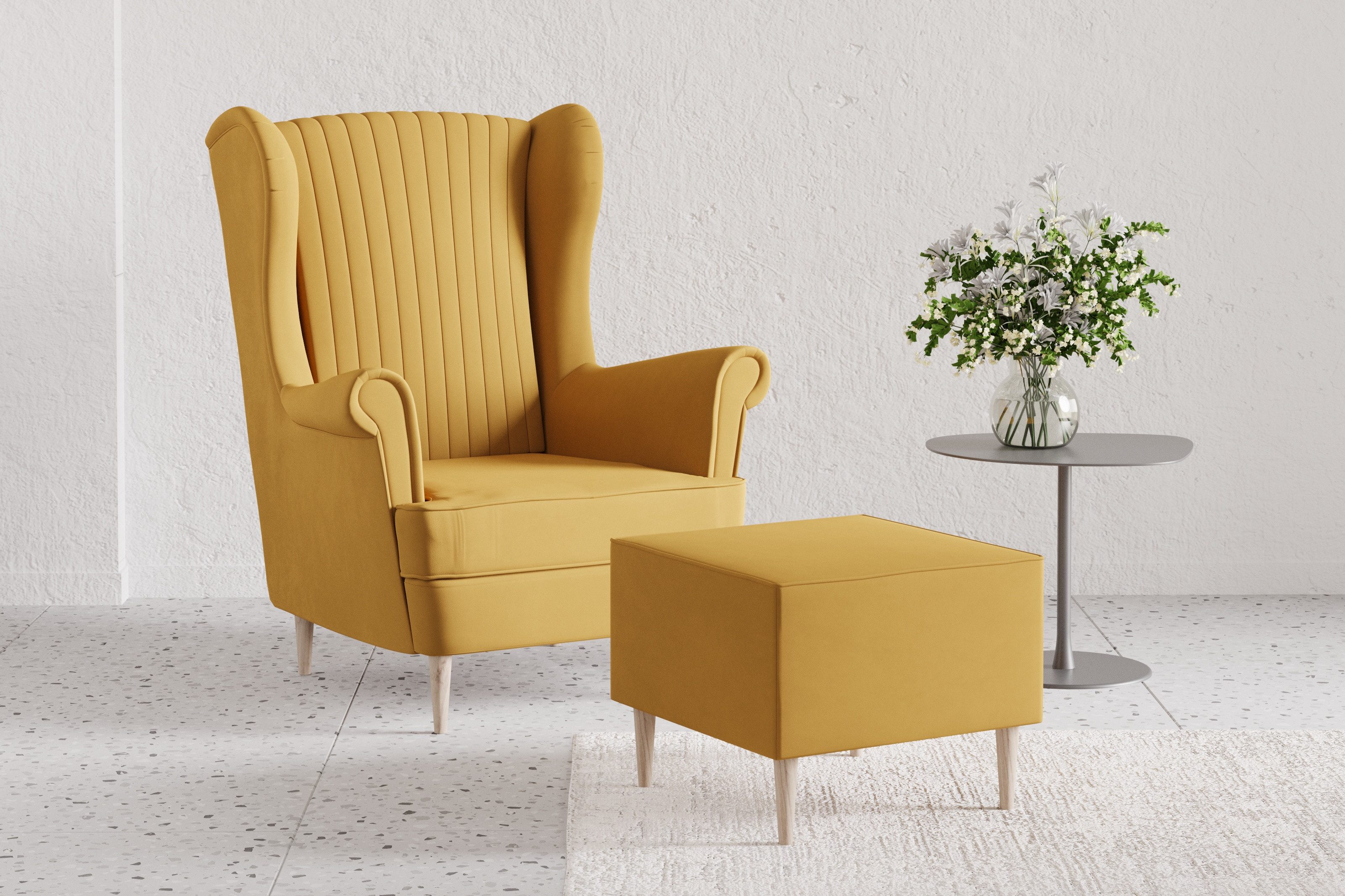 MOEBLO Ohrensessel COMFY SESSEL mit oder ohne Hocker (Polstersessel aus Samtstoff Wohnzimmersessel mit/ohne Hocker Ohrenbacksessel), Sessel mit optionalem Hocker