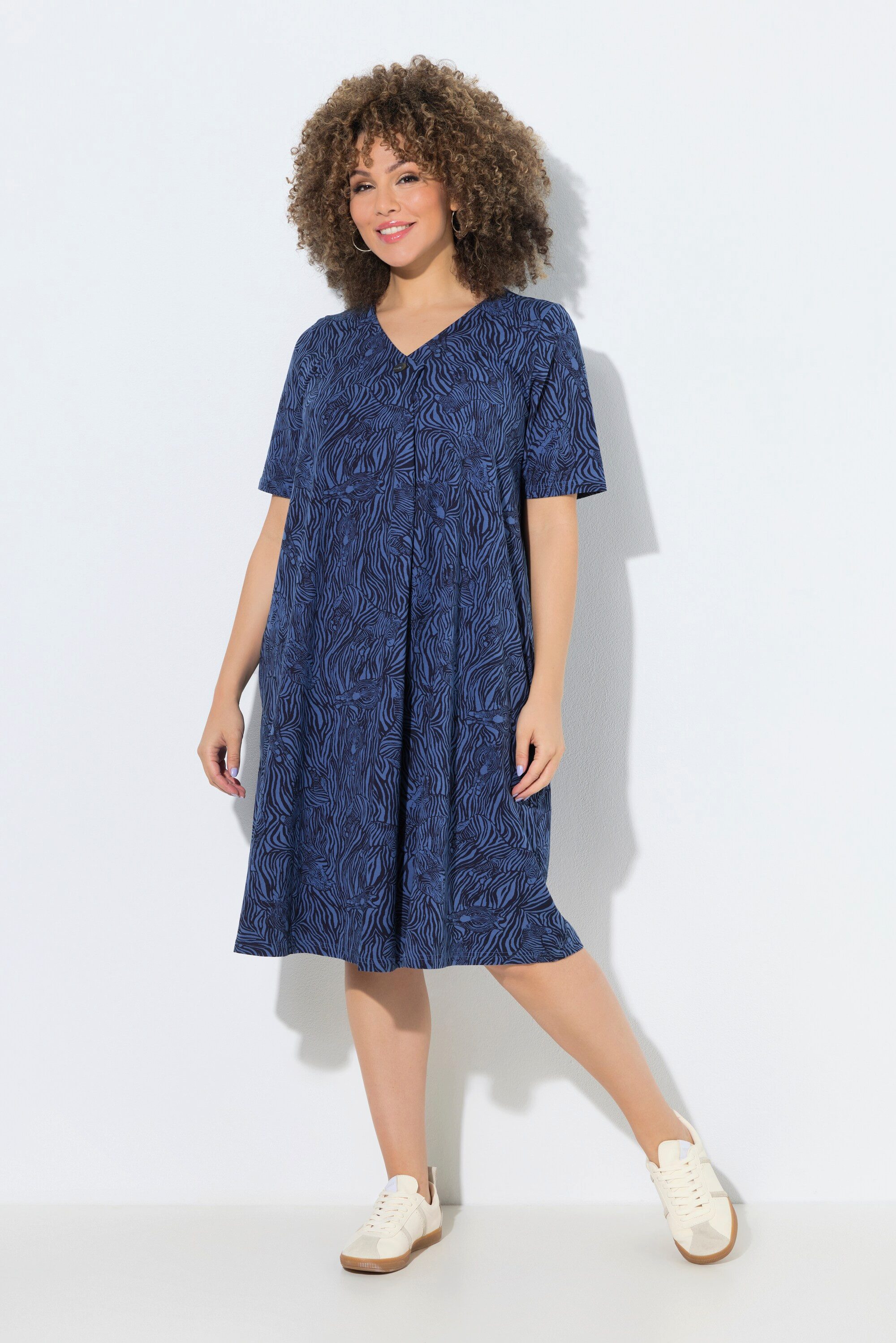 Maxikleid Kleid Animalmuster A-Linie V-Ausschnitt Halbarm