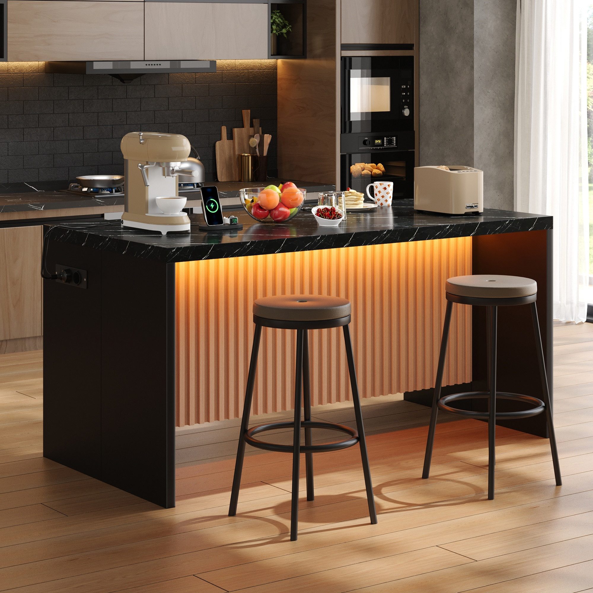 Celya Kücheninsel 155x80x90cm, mit LED-Beleuchtung, 2 Steckdosen und 2 USB, (40mm starke Arbeitsplatte, im Industrie-Design), Hocker nicht im Lieferumfang enthalten