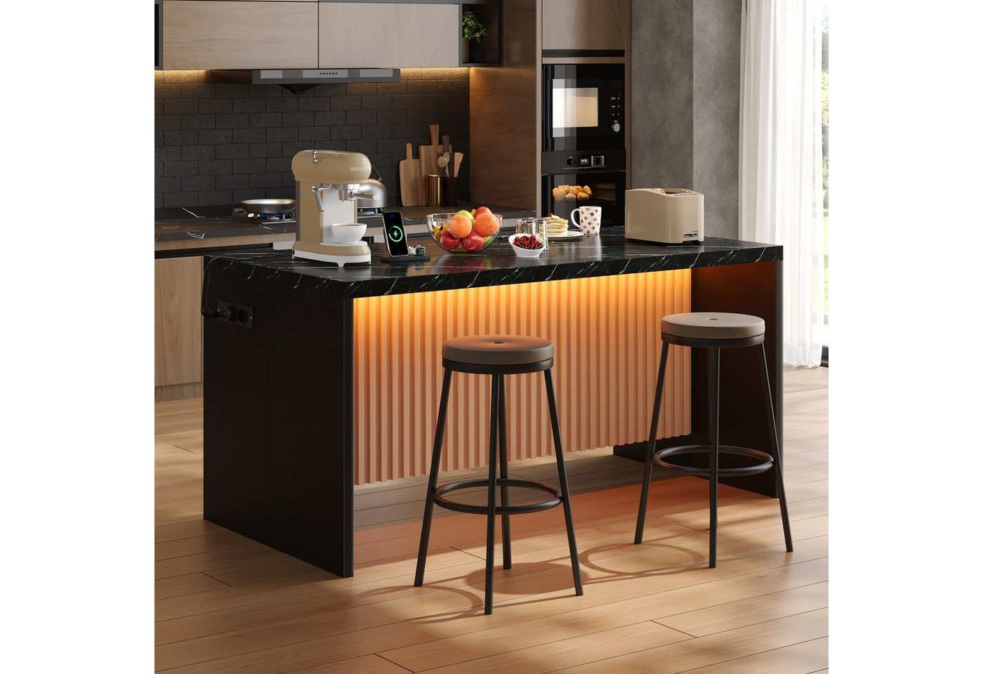 Celya Kücheninsel 155x80x90cm, mit LED-Beleuchtung, 2 Steckdosen und 2 USB, (40mm starke Arbeitsplatte, im Industrie-Design), Hocker nicht im Lieferumfang enthalten