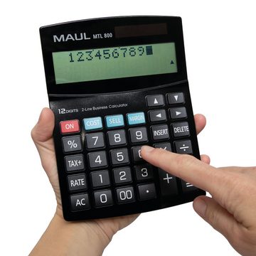 MAUL Taschenrechner mit kaufmännischen Funktionen, 12-stelliges Display mit 2 Zeilen, Steuerberechnung, Gewinnspannenberechnung, inkl. Gerätebeatterie