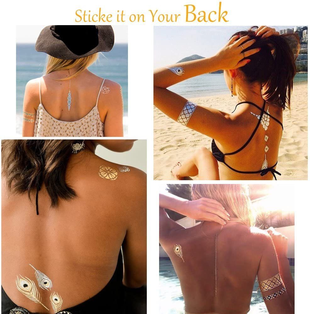 COOL-i ® Schmuck-Tattoo, 16er Set Metallic Flash Tattoos - Gold, Silber, Schwarz, Wasserdicht