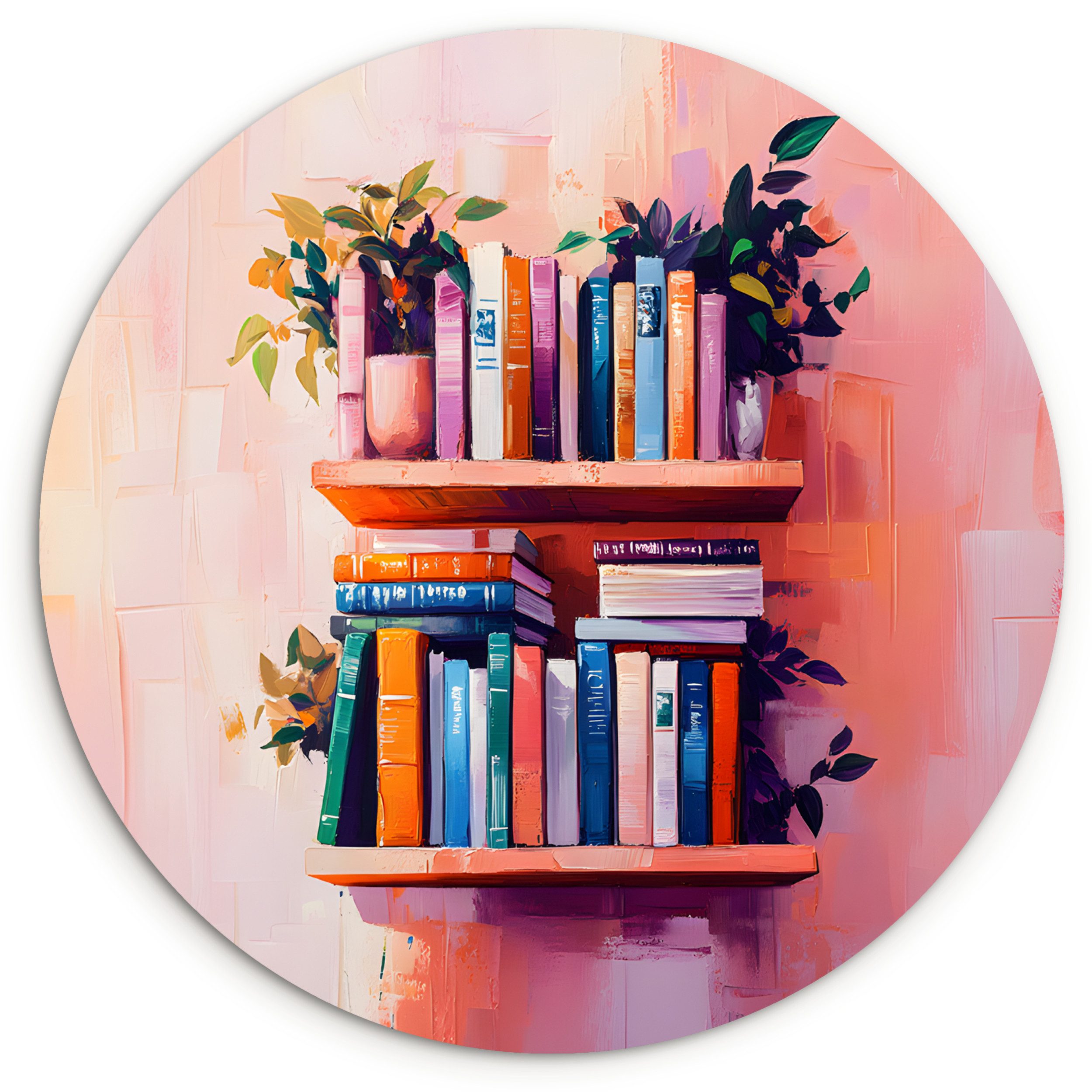 MuchoWow Gemälde Regale - Bücher - Blätter, Fotodruck (1 St), Kreis Wanddekoration, Rundes Wandbild, 30x30 cm