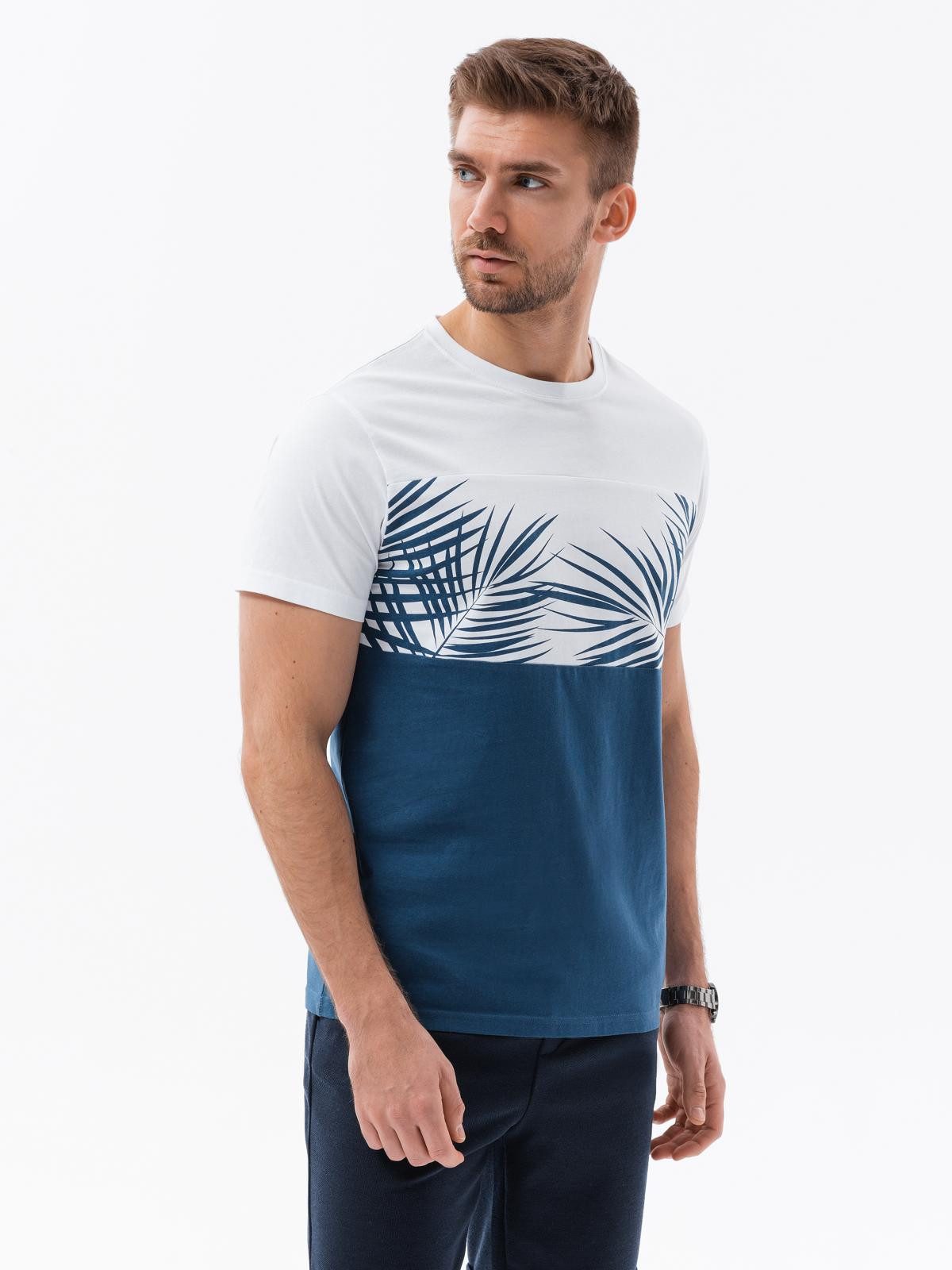 OMBRE T-Shirt Herren T-Shirt Palmblatt Casual Dark denim S (1-tlg) Palmblatt-Print