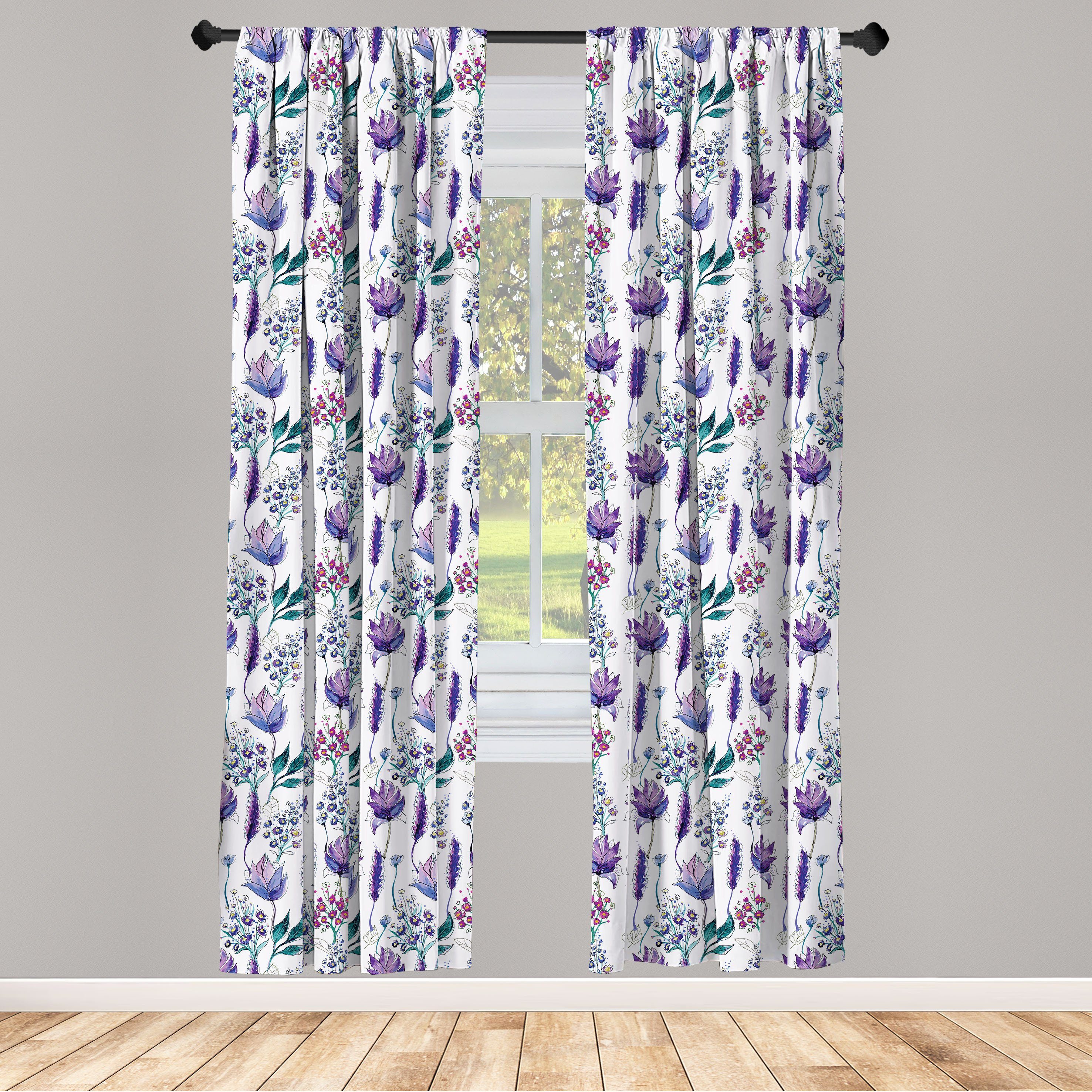 Gardine Vorhang für Wohnzimmer Schlafzimmer Dekor, Abakuhaus, Microfaser, Blumen Botany Pflanzen Aquarell | Fertiggardinen