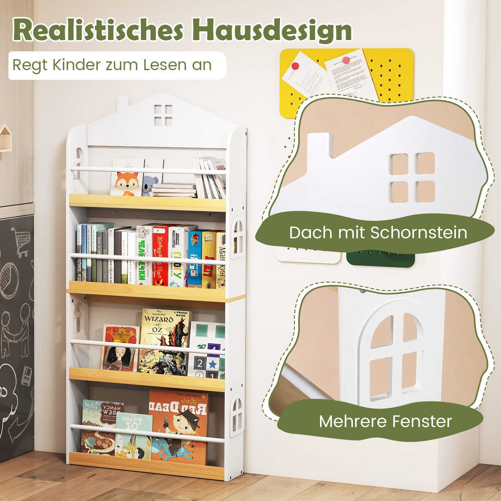 COSTWAY Kinderregal, Mit Sockelleisten, Anti-Fall-Schutz & Metallstangen