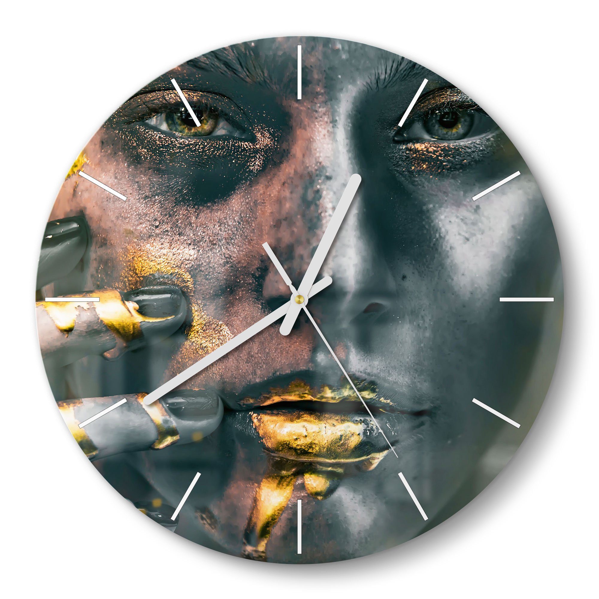 DEQORI Wanduhr 'Frau mit Gold im Gesicht' (Glas Glasuhr modern Wand Uhr  Design Küchenuhr)