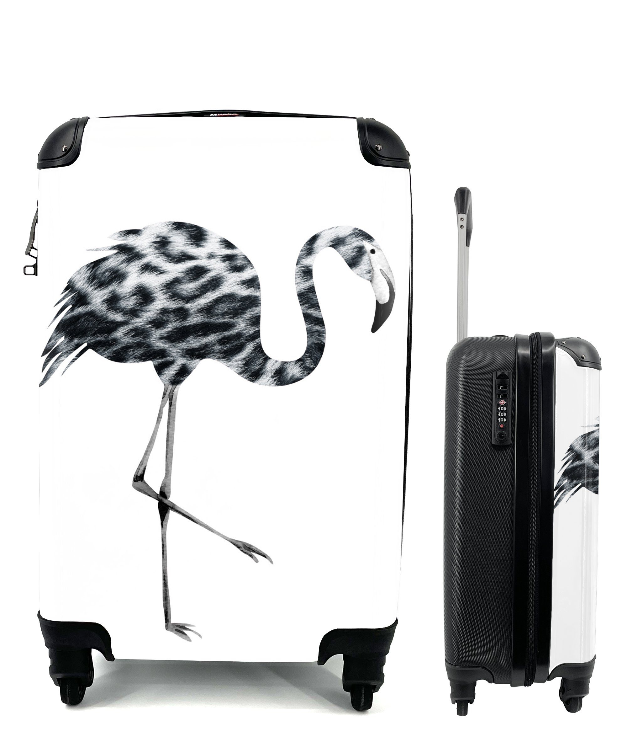 MuchoWow Handgepäckkoffer Flamingo Schwarz mit Reisekoffer Ferien, rollen, für Rollen, Reisetasche weiß Trolley, - - Handgepäck und 4 Pantherdruck