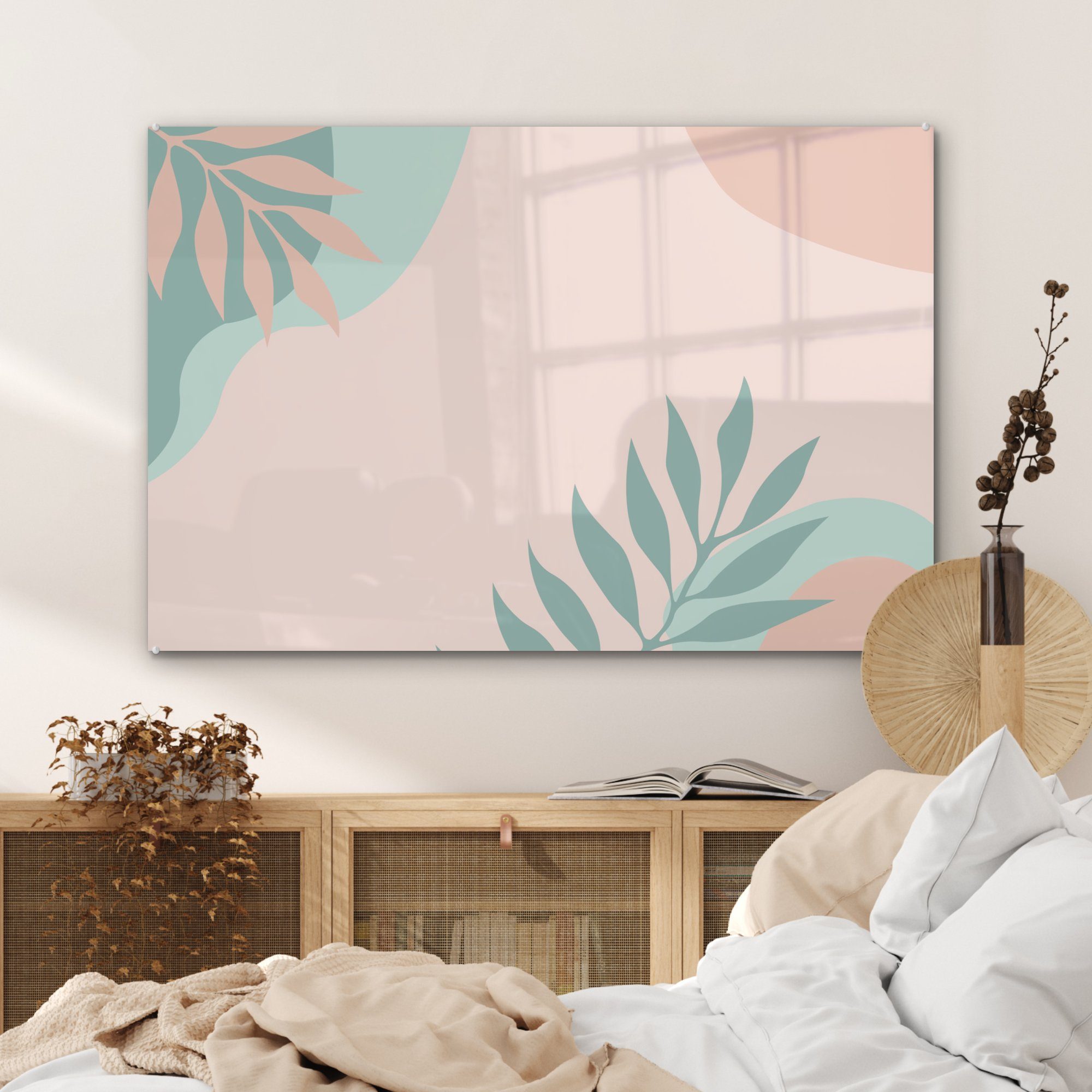 (1 Türkis, St), Schlafzimmer MuchoWow - Blätter & Acrylglasbild Wohnzimmer - Sommer Acrylglasbilder - Rosa