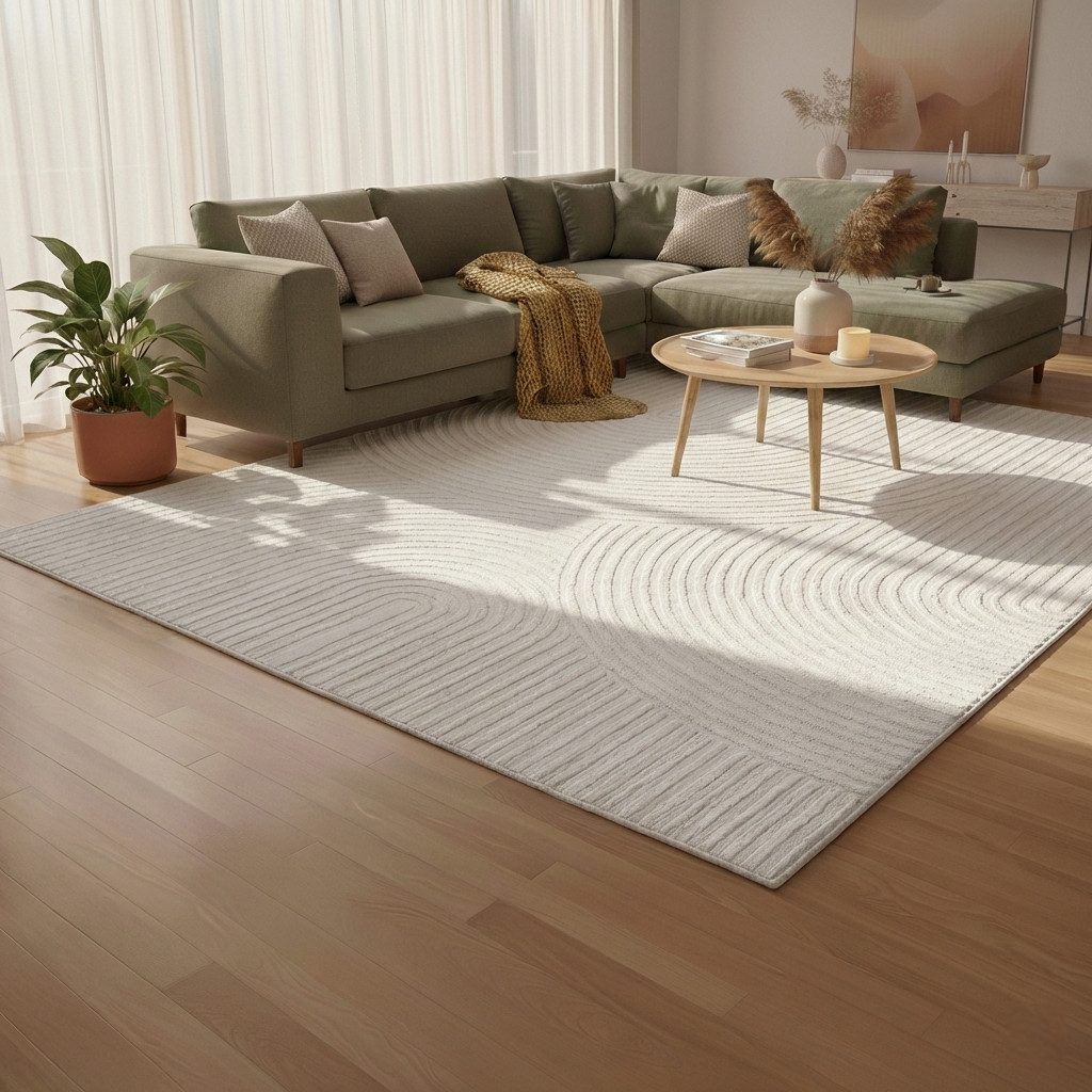 Vimoda Designteppich Wohnzimmer mit Kreis-Hochtiefmuster, Rechteck, kurzflor Teppich für Schlafzimmer, Wellenoptik, Boho Skandi