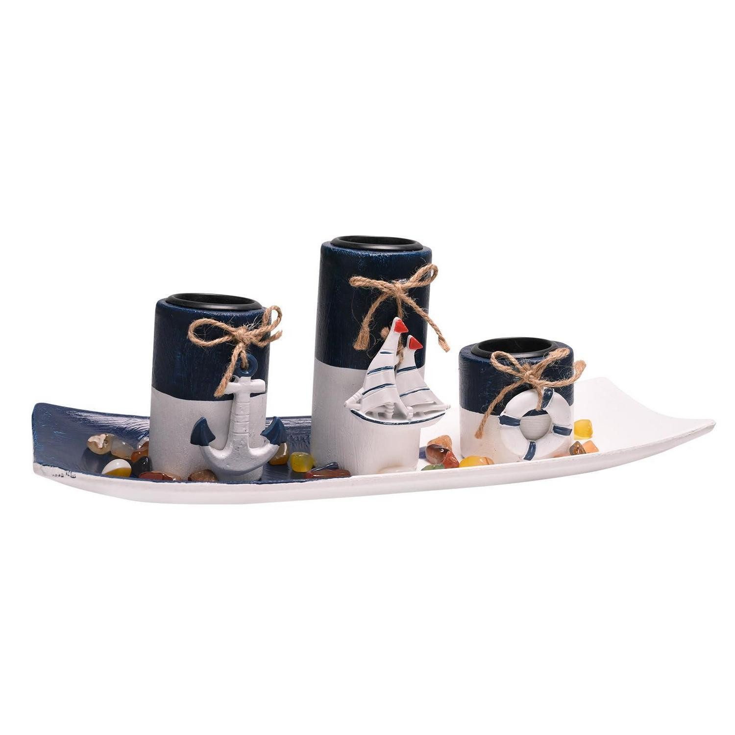 LuxusKollektion Teelichthalter Teelichthalter Set Holz Maritim Blau Weiss (1 St)