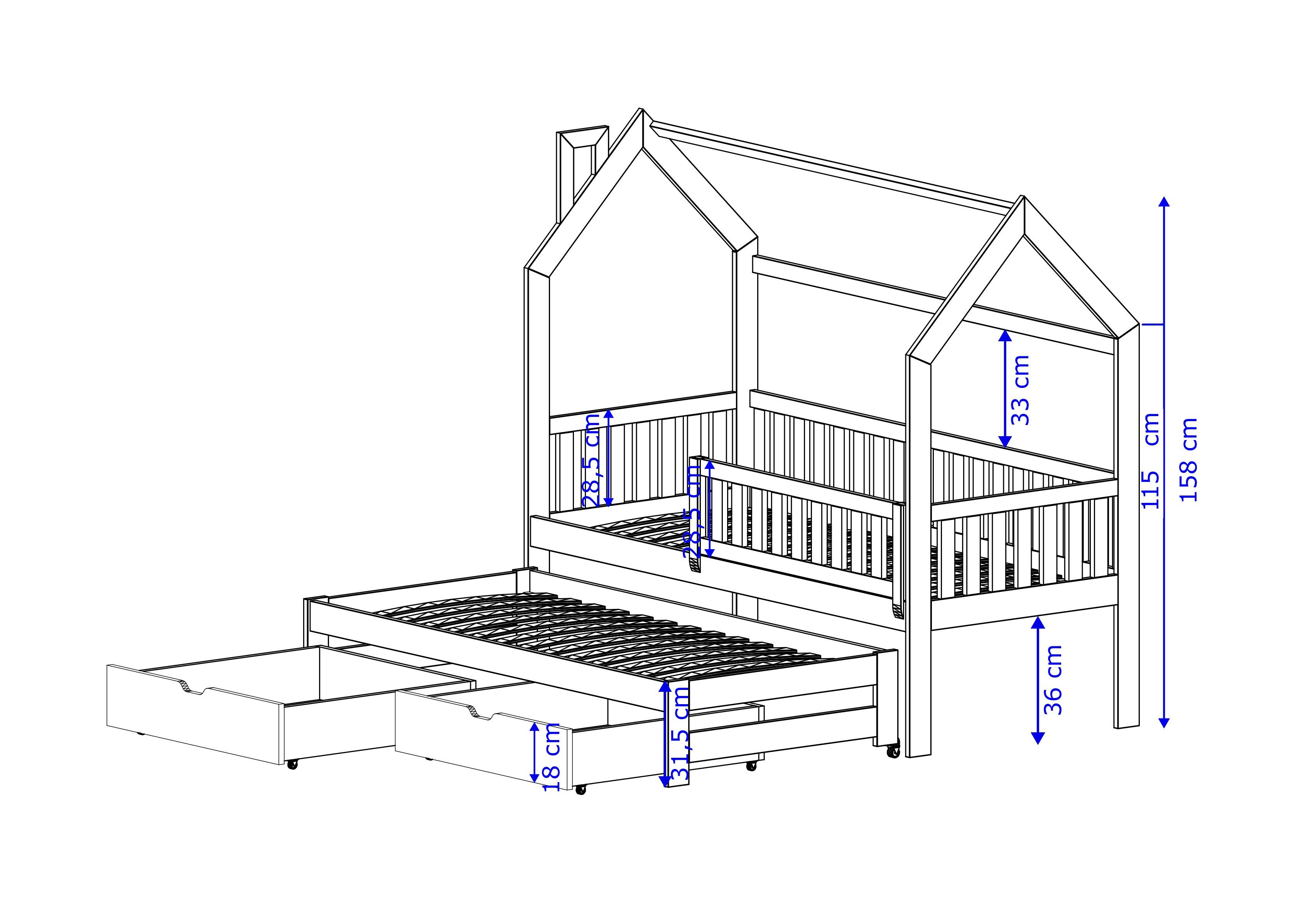 thematys Kinderbett Hausbett mit Ausziehbett und 2 Schubladen weiß / Natur Kinderbett (MADE IN EU - in den Größen 80x160, 80x180 und 90x200cm erhältlich, für Jungen und Mädchen, in weiß oder Naur), mit abnehmbaren Rausfallschutz. Reduzierter Preis € 499,00. Unverbindliche Preisempfehlung € 609,00