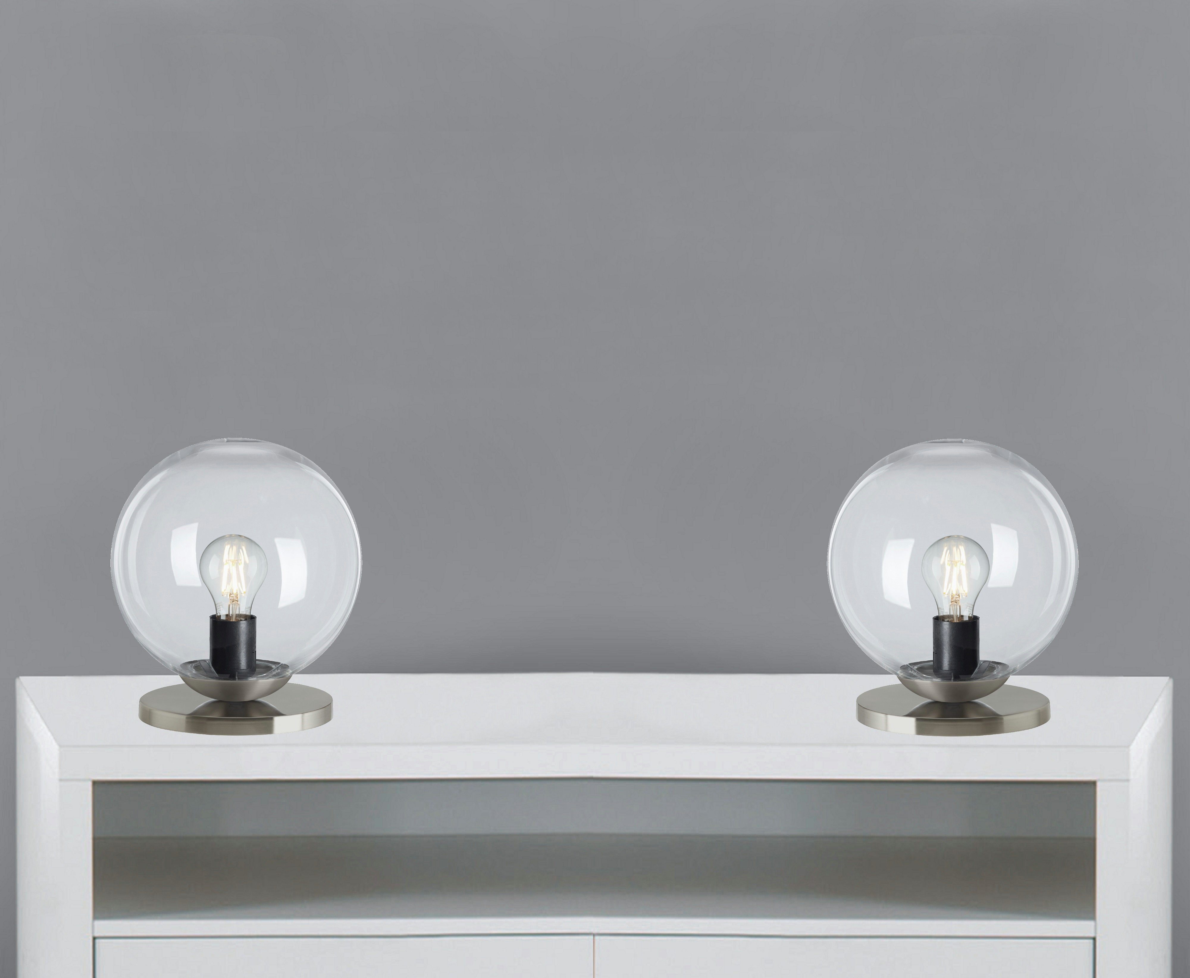 TRANGO LED Tischleuchte, 2er Set 7010CL Retro LED-Tischlampe *SUN* Glaskugel Tischleuchte in klar inkl. je 1x E27 LED-Leuchtmittel & Kabelschalter, Fensterbank Leuchte, Nachttischleuchte, warmweiß, Fensterbank Leuchte, Nachttischlampe