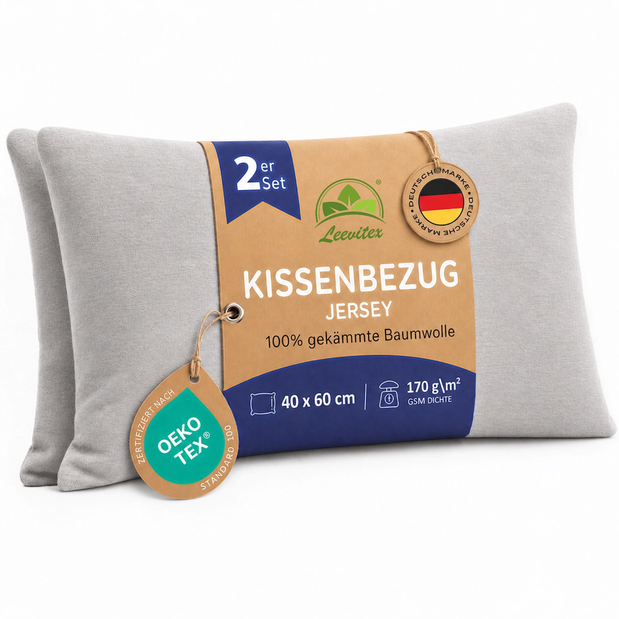 leevitex® Kissenbezüge Kissenbezug 40 x 60 cm, 2er Set, Silber/Hellgrau, (2 Stück), feine Jersey-Qualität, 100% Baumwolle, robuster Reißverschluss