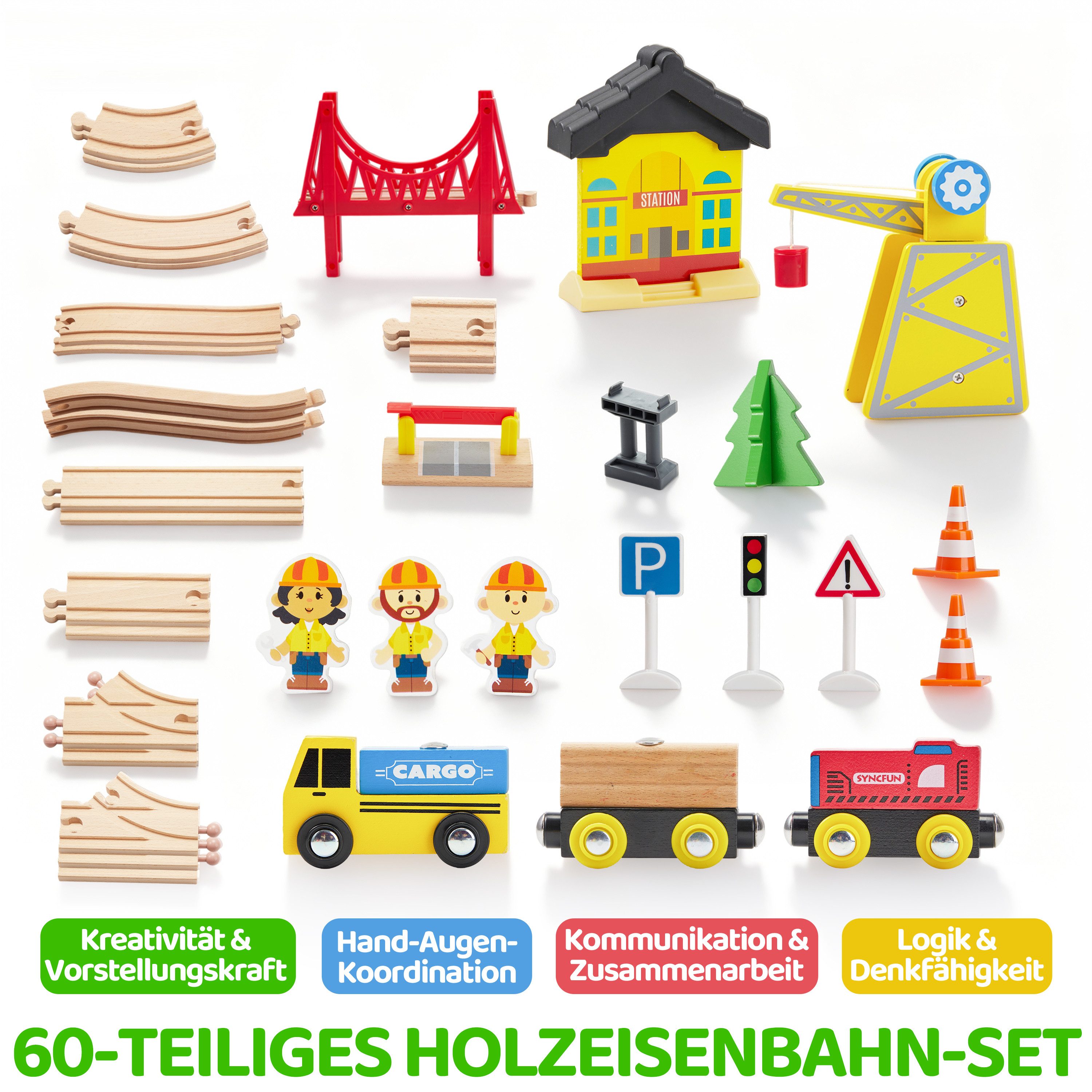 SYNCFUN Spielzeugeisenbahn-Set SYNCFUN 60-teiliges Montessori Holzeisenbahn günstig online kaufen