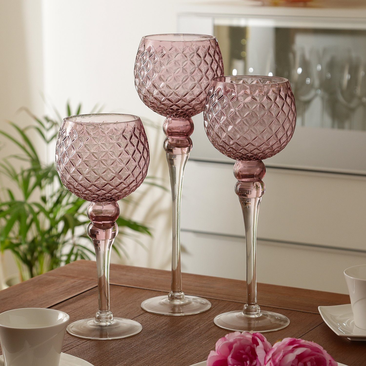 Kelch 3 St) 3er MARELIDA (3 Kerzenhalter Glas Teelichthalter Set Höhen rosa Windlicht
