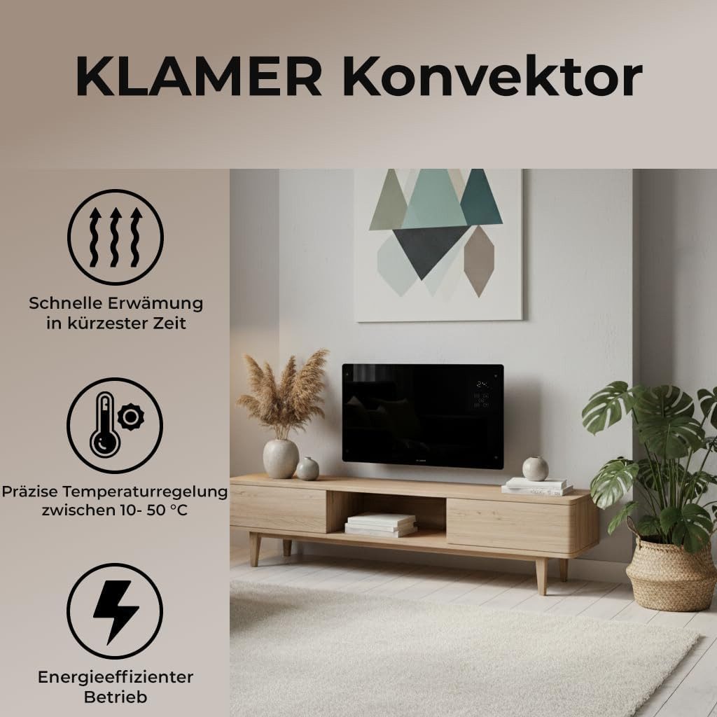 KLAMER Konvektor Pro 2500 W WLAN Heizgerät – Smart Konvektor mit App- & Timersteuerung…, LED Display, Programmierbare Heizpläne, Drei intelligente Heizmodi