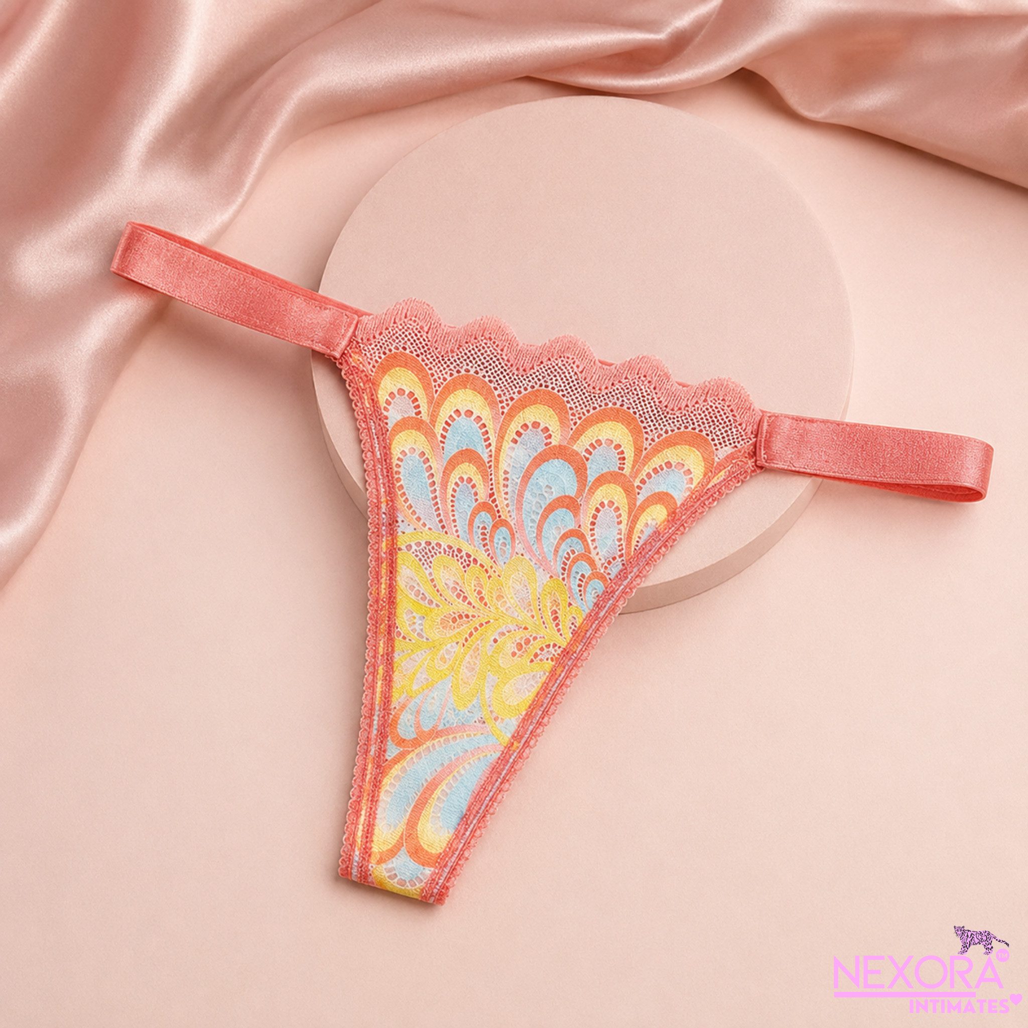 NEXORA INTIMATES™ String Damen String Tanga Koralle transparent mit Ornamentmuster und Spitze (Einzelartikel, 1-teilig) Mehrfarbiges Ornamentdesign auf transparentem Mesh