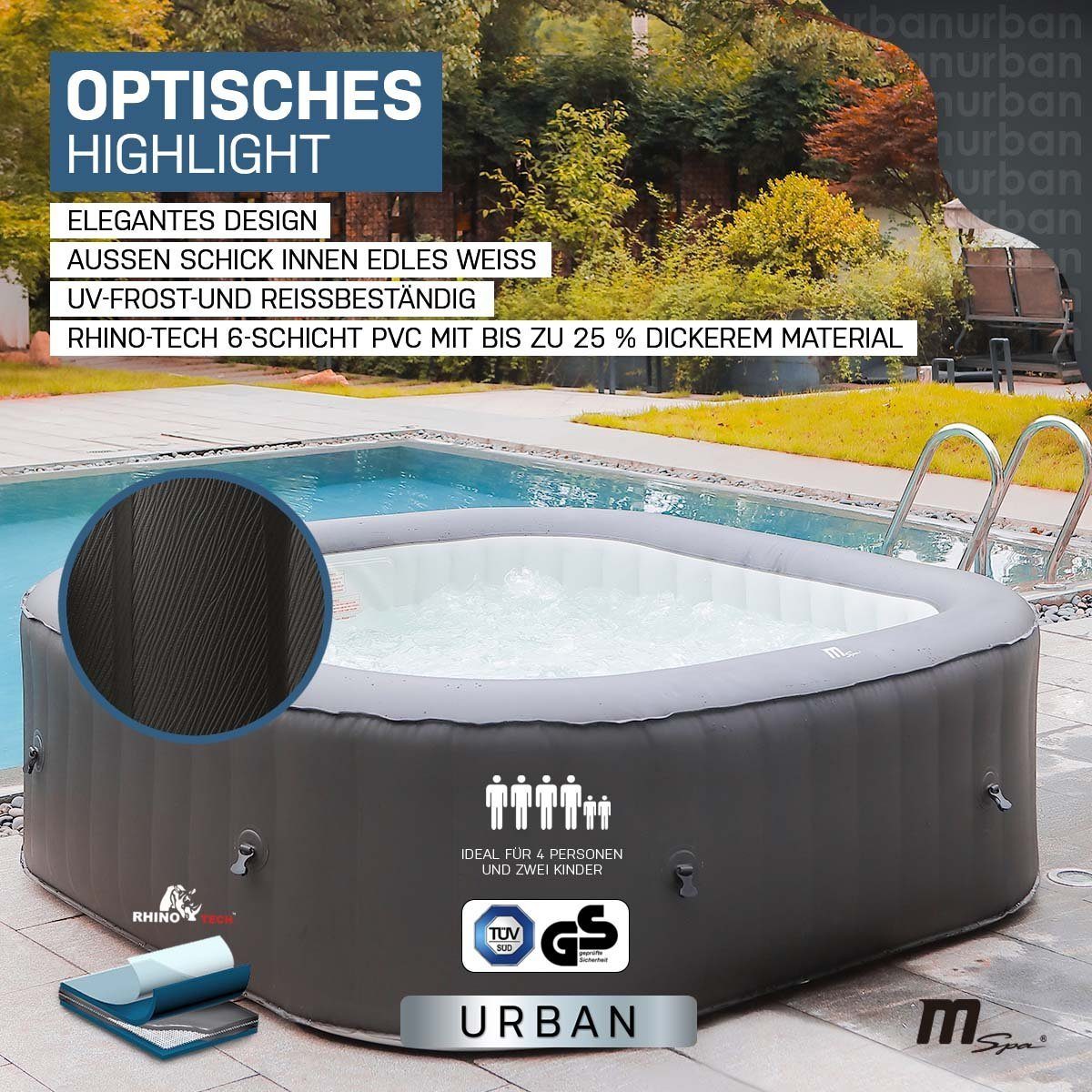 mSpa Whirlpool »Urban Vito U-VT061«, Luxus Whirlpool aufblasbar - für 6  Personen - Ozongenerator - UV-C Filter - 132 Luftdüsen - Anti-Frost-System  Winterfest - Rhino-Tech 6-Schicht-PVC - Sitzpolster - All-in-One LED  Fernbedienung -
