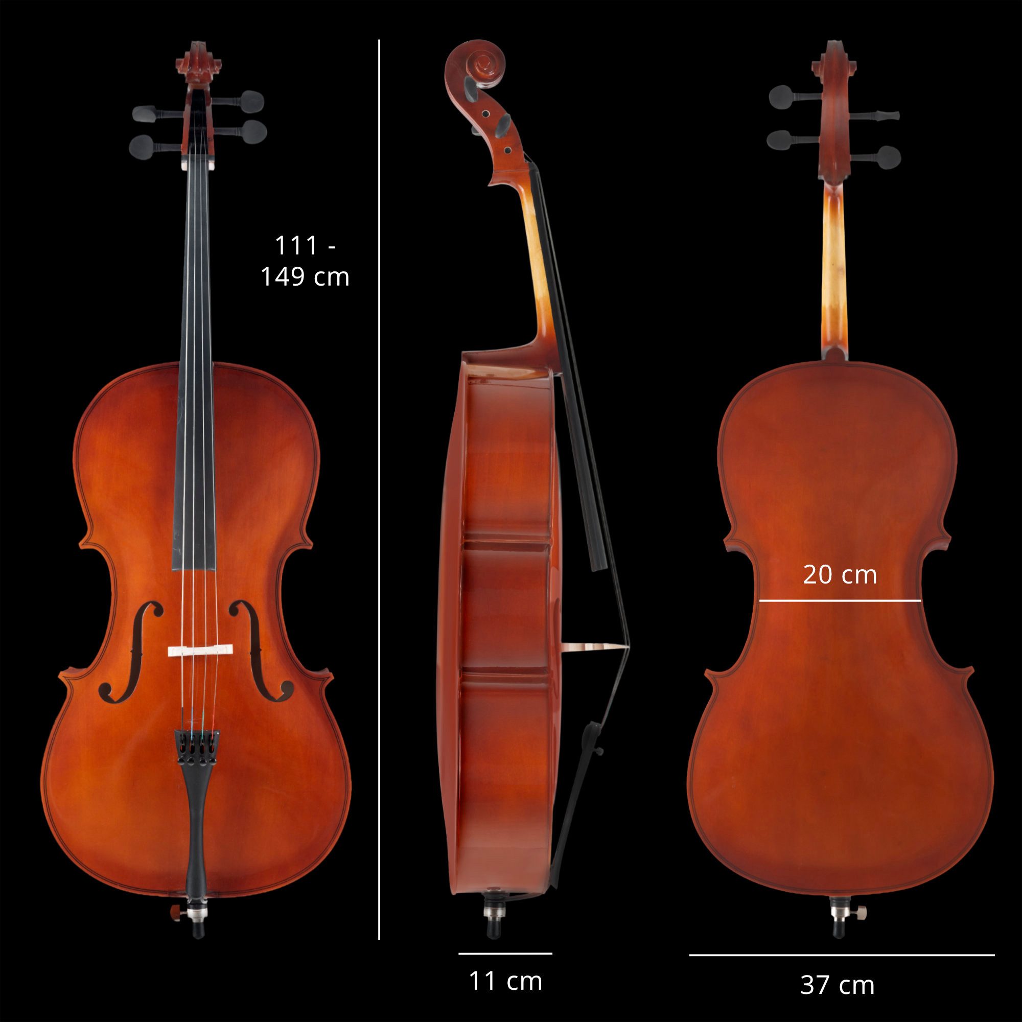 Classic Cantabile Cello CP-100 1/2 Cello Set - speziell für kleine Hände geeignet, Cellotasche mit Außentaschen für Bogen und weiteres Zubehör, Boden, Zargen, Hals, Griffbrett, Wirbel und Steg aus Ahorn