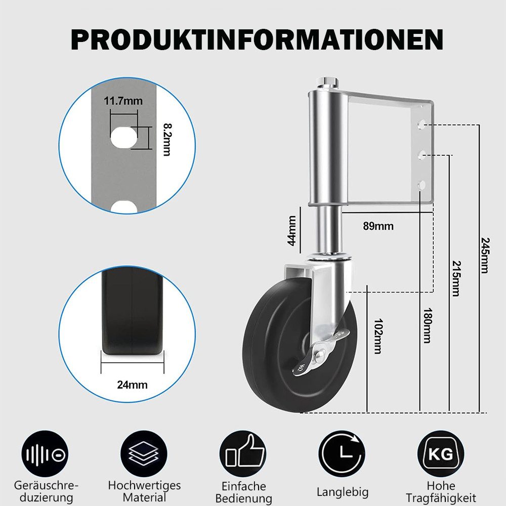 TUWENA Lenkrolle Torrolle 102mm mit Federbelastung, Rad mit Federung, 100kg Tragkraft, Drehbare Torrolle für Holztore, Zäune, Gartentor und Metalltore – Bild 2 von 5