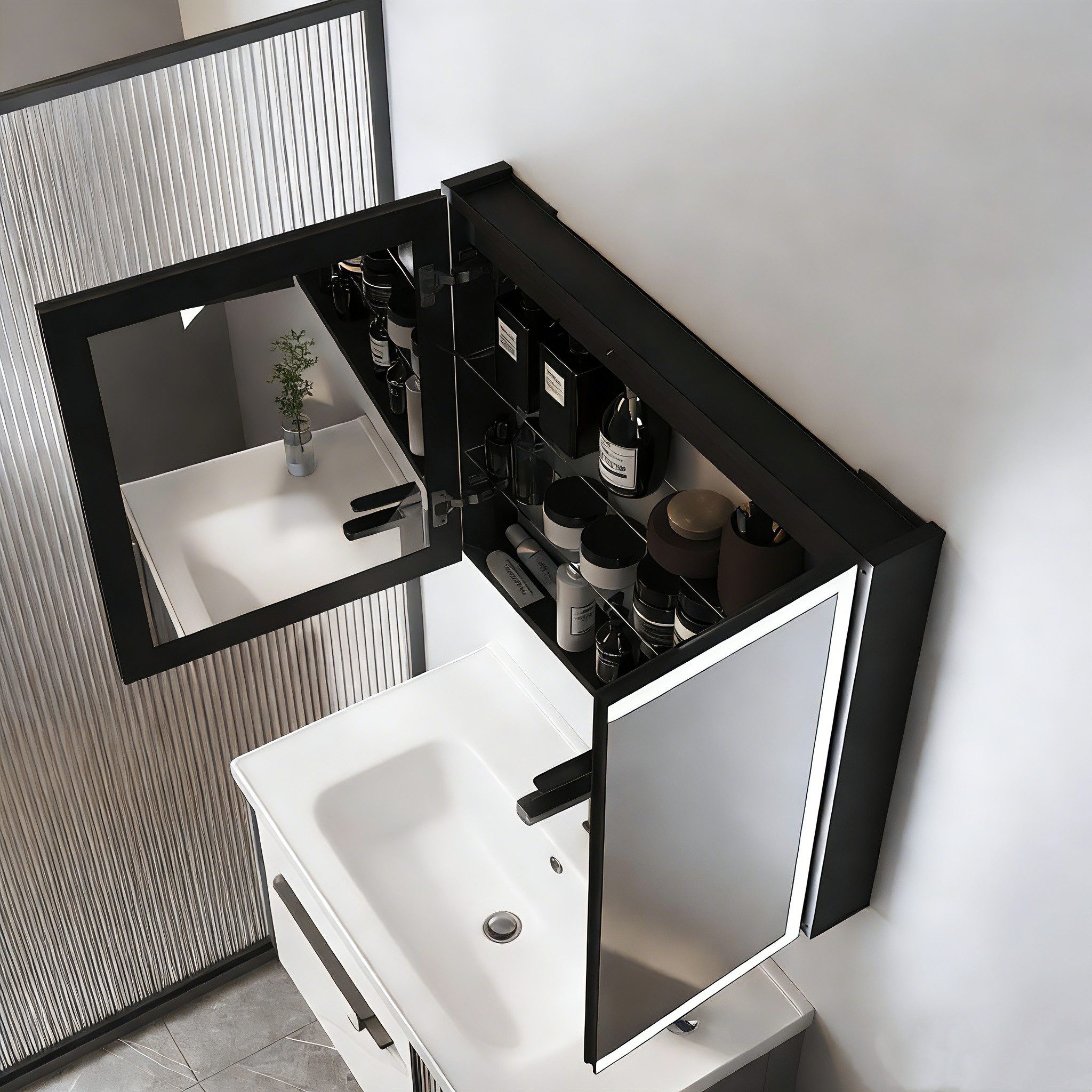 WDWRITTI Spiegelschrank 2türig 80x60x13,5cm Schwarz Metall Kalt/Neutral/Warmweiß Dimmbar (Badschrank Schwarz matt, 4mm Doppel Spiegel, Dimmbar, Anti-fog, Speicherfunktion) vormontiert geliefert, mit Netzadapter, 1,5m Kabel