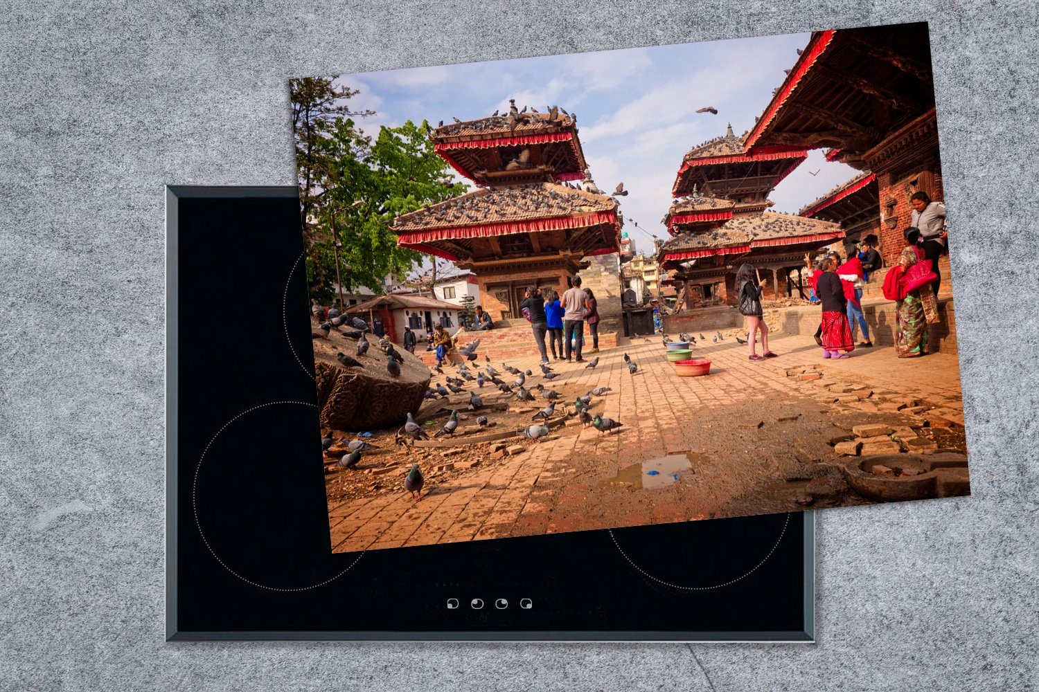 MuchoWow Herdblende-/Abdeckplatte Der 70x52 Nepal Durbar nutzbar, Kathmandu Tauben, Arbeitsfläche (1 in tlg), und Square Vinyl, cm, Ceranfeldabdeckung voller Mobile in Menschen