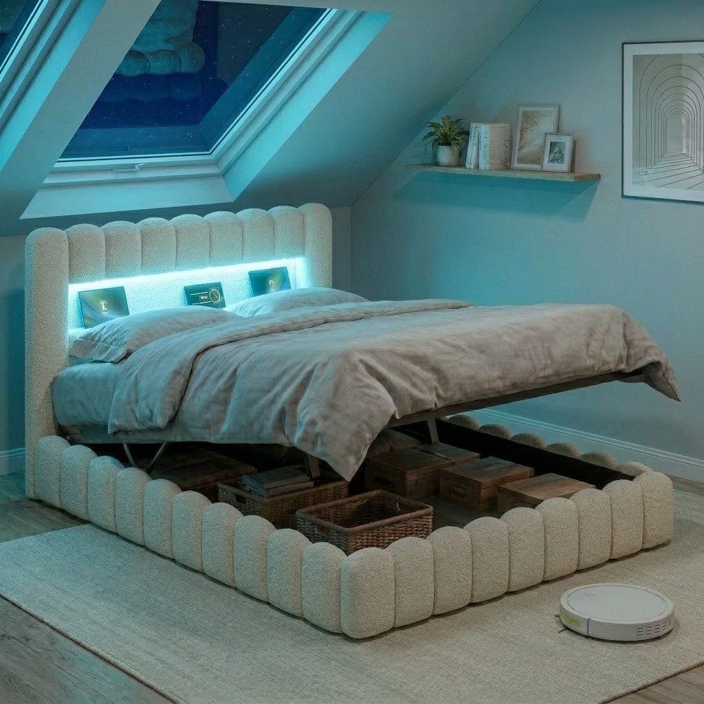 PXloue Polsterbett Doppelbett Jugendbett (ohne Matratze), Stauraumbett, Bettkasten, LED-Beleuchtung, USB-Anschluss, 180x200 cm