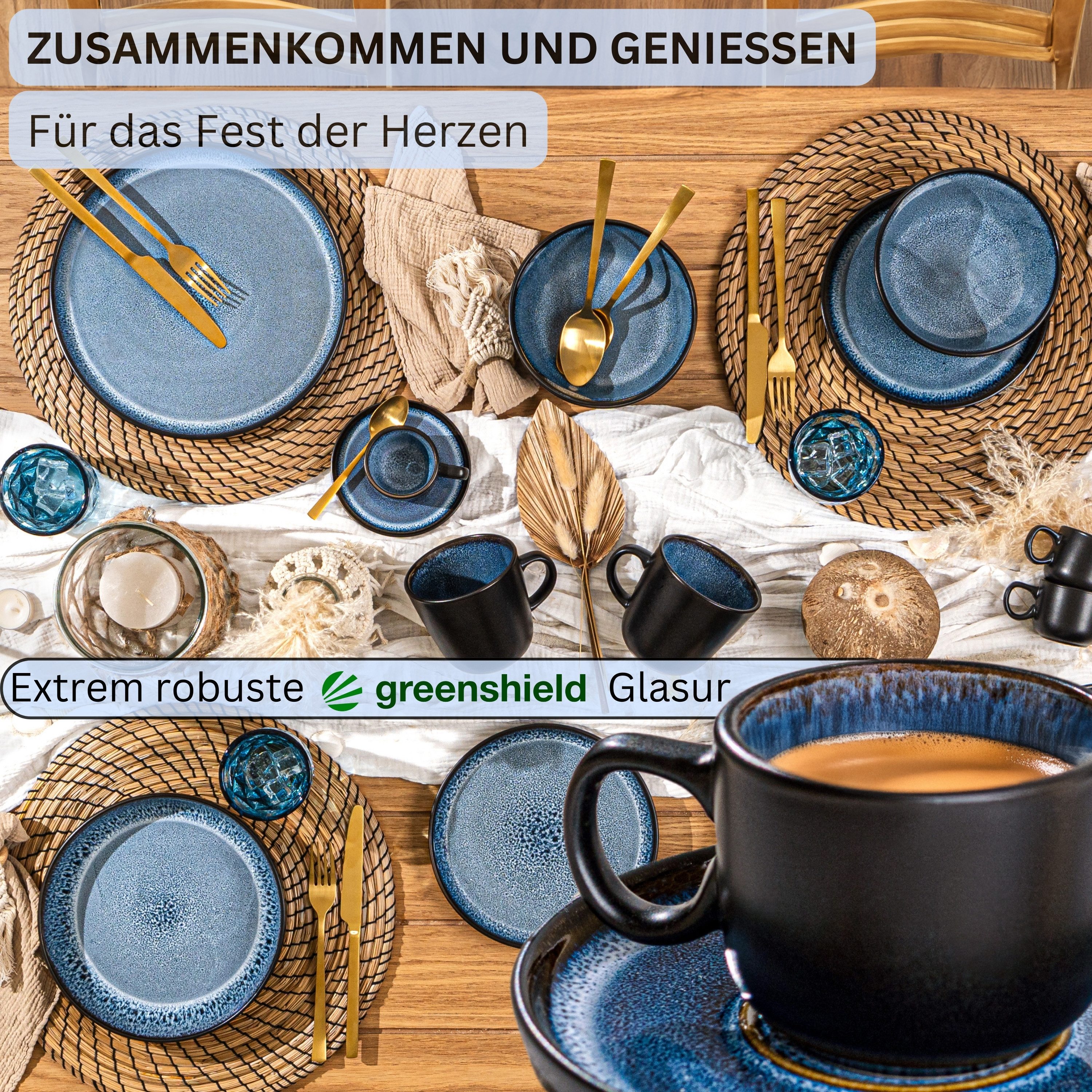 SÄNGER Espressotasse Aruba 12 tlg., 8-tlg., Steingut, Blau-Schwarz, Handmade, Erweiterbar, VALUE COLLECTION
