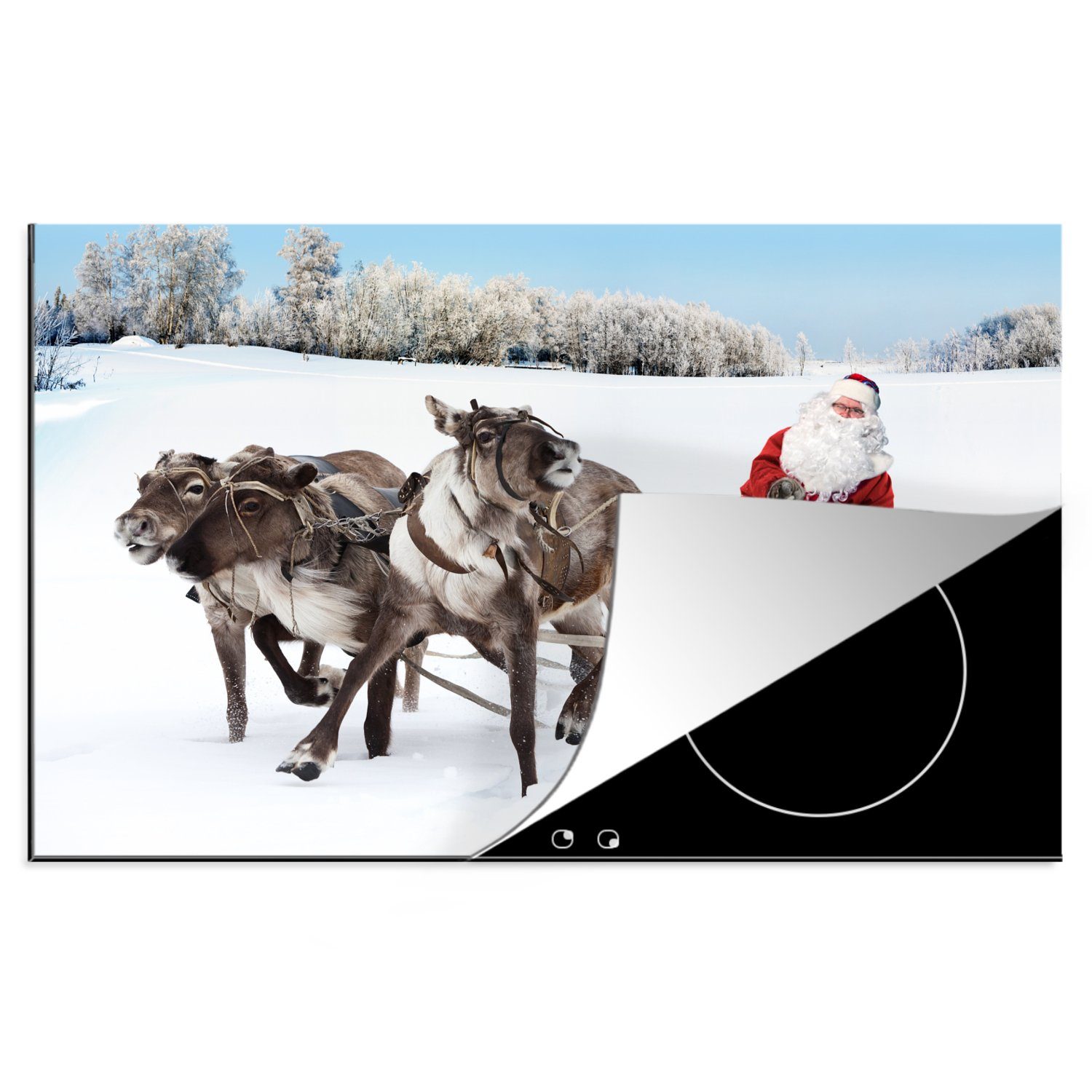 MuchoWow Herdblende-/Abdeckplatte Rentier mit Weihnachtsmann auf einem Schlitten, Vinyl, (1 tlg), 81x52 cm, Induktionskochfeld Schutz für die küche, Ceranfeldabdeckung