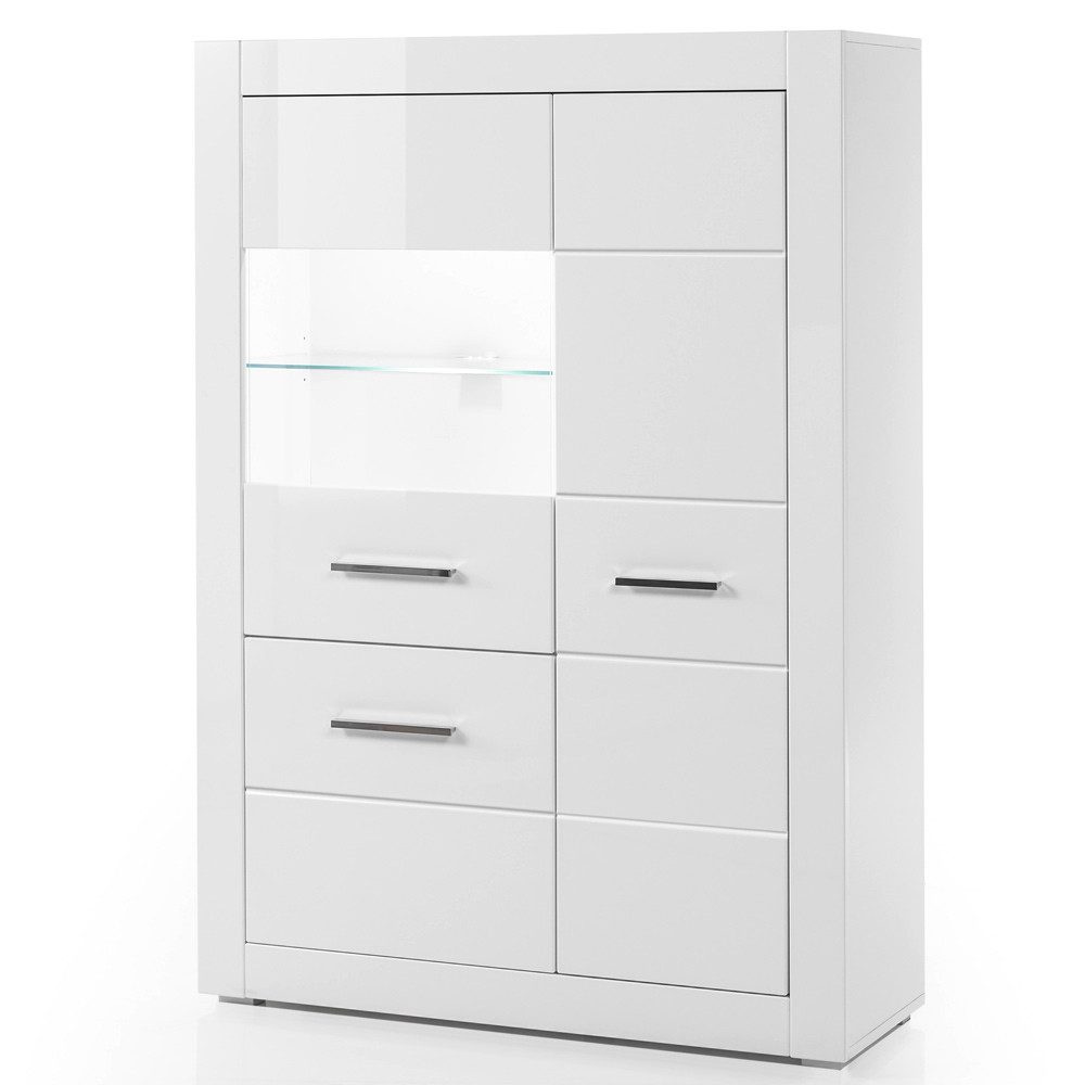 Lomadox Vitrine BALVE-61 Vitrine in weiß Hochglanz im modernen Design inkl. LED : 100x142x35cm