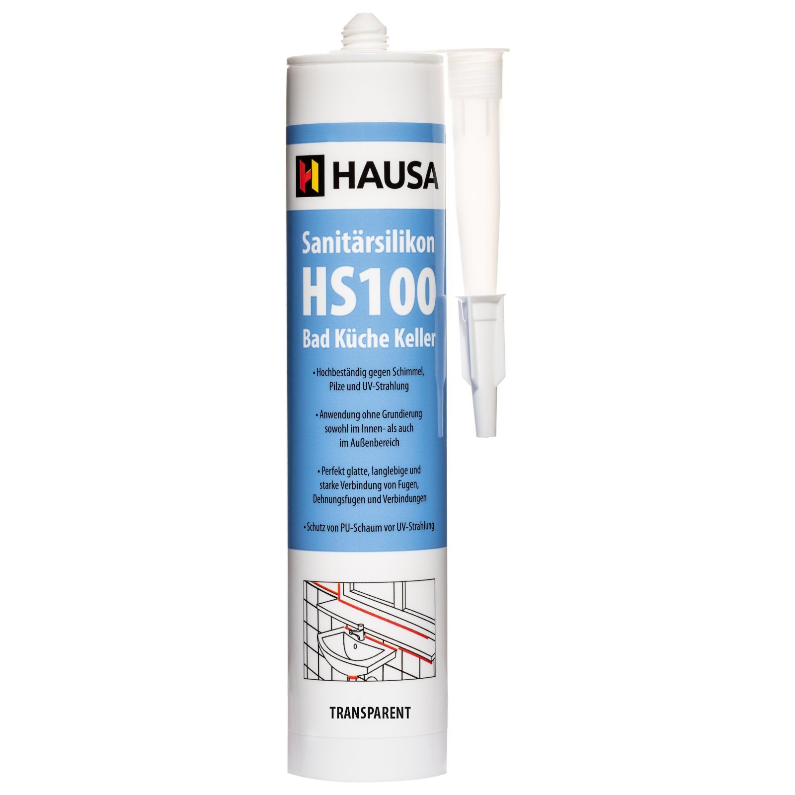 Hausa Silikon schimmelresistent, Sanitär Silikon HS100, Kartusche 310 ml, (Dichtmasse Fuge, 1-tlg., Verfugen Bad Dusche Küche acetatvernetzend), antischimmel Sanitär Silikon zum Abdichten transparent