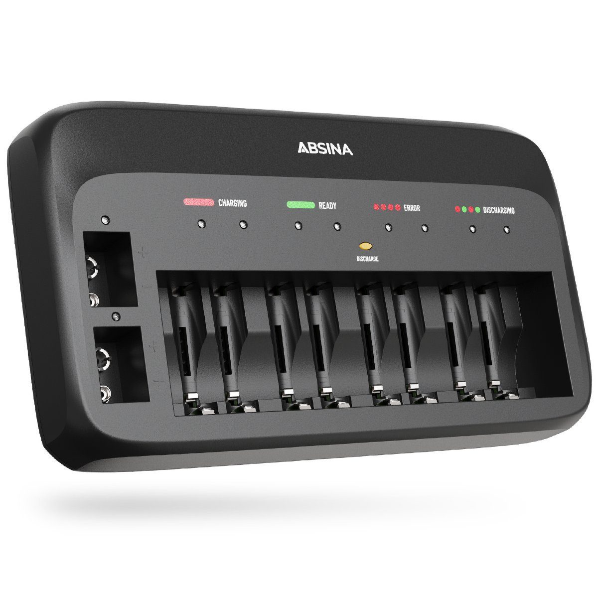 ABSINA X10 Akkuladegerät für AA, AAA & 9V - Batterieladegerät für NiMH Akkus Rundzellen-Lader (1000 mA, 1-tlg., Startet automatisch den Ladevorgang & schaltet auf Erhaltungsladung um)