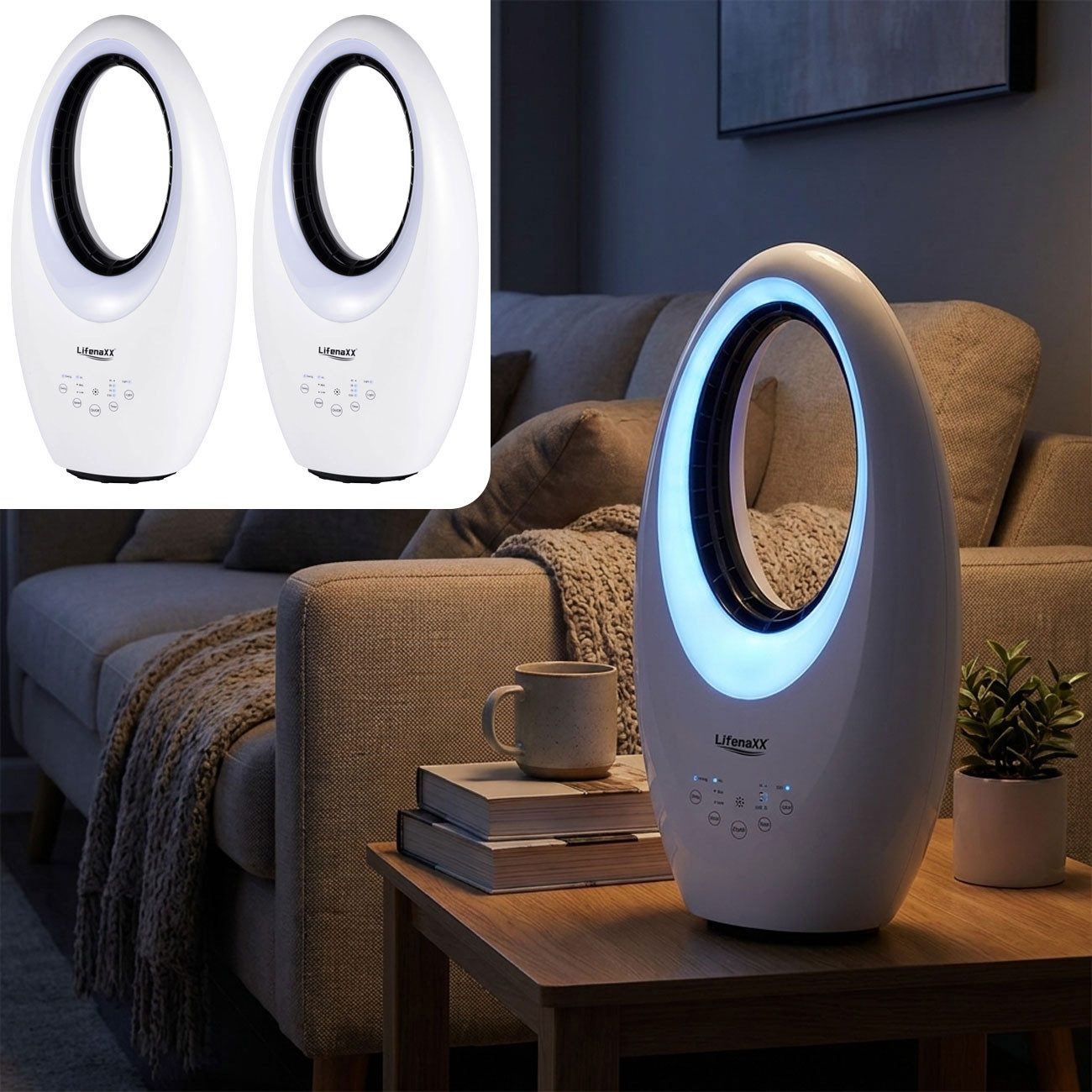 Lifenaxx Tischturmventilator Rotorloser Ventilator mit LED, 3 Stufen, Oszillation, Timer, 50W, Moderner 50W Turmventilator mit 4-farbiger LED-Beleuchtung & Timer