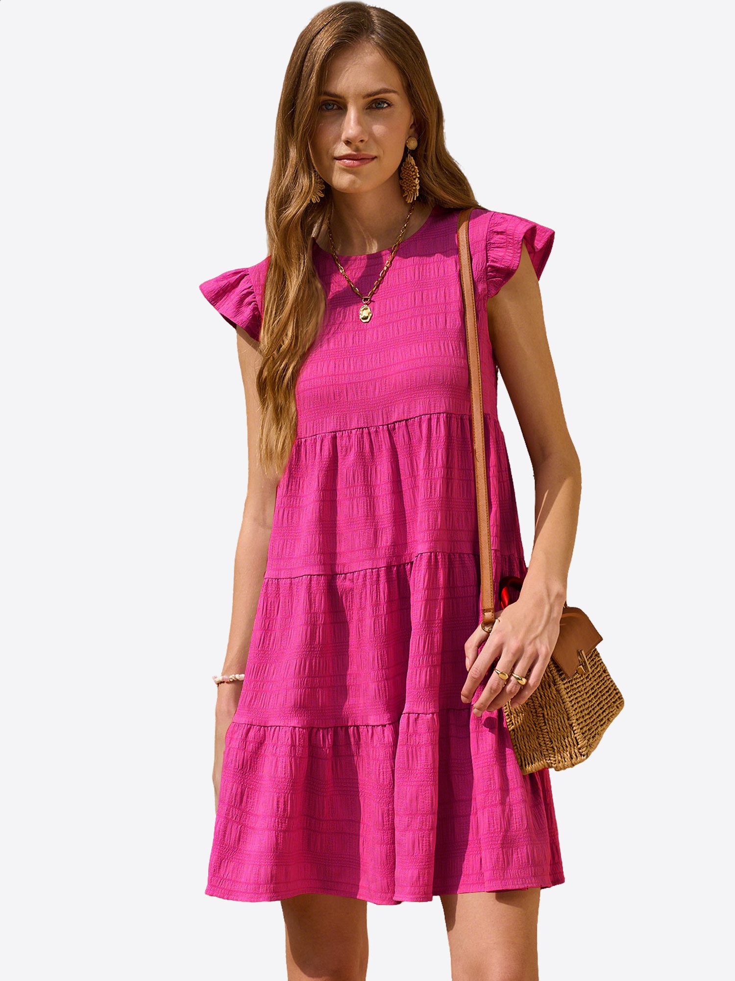 Imily Bela Babydollkleid Damen Lockeres Minikleid mit Rüschen Besatzung (Packung, 1-tlg., 1per-Pack) in Unifarbe