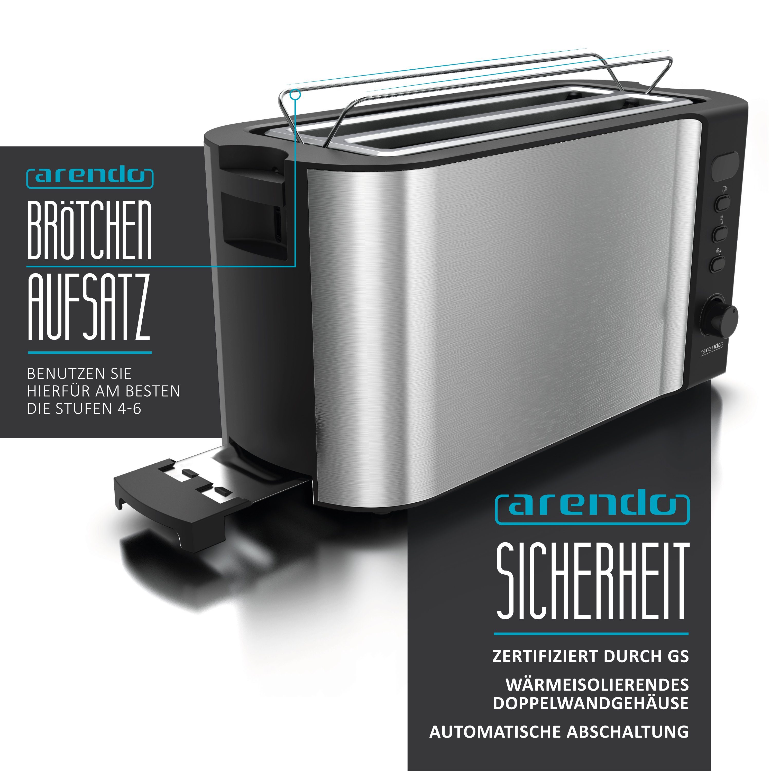 Arendo Toaster, 2 lange Schlitze, Scheiben, W, Gehäuse, Wärmeisolierendes für silber/schwarz 4 Display Brötchenaufsatz, 1500 Langschlitz