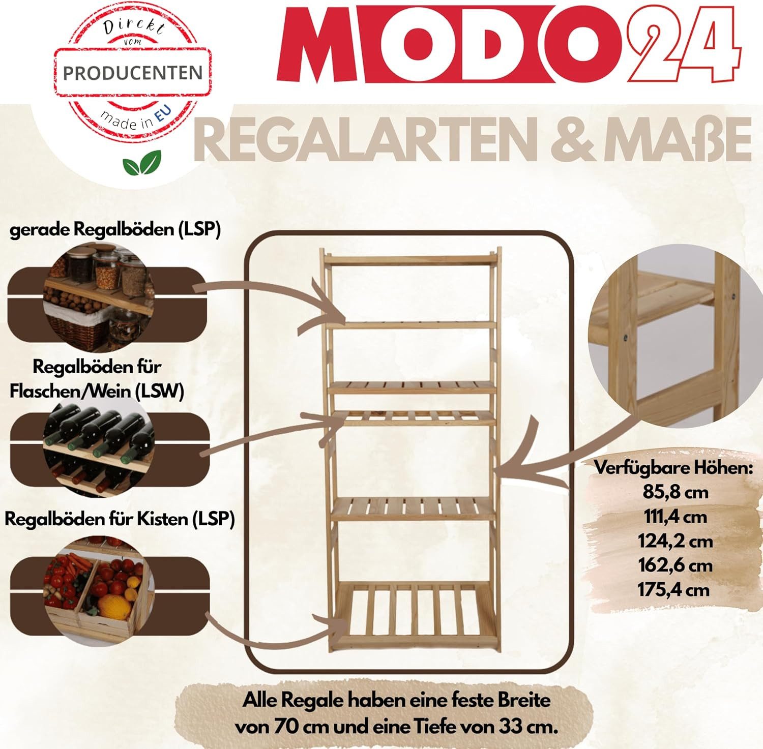 Modo24 Weinregal Kistenregal, Kombiregal, Weinregal, Holzregal, Massivholz Kiefer, Allzweckregal, Modulares Design, viele Größen und Farben