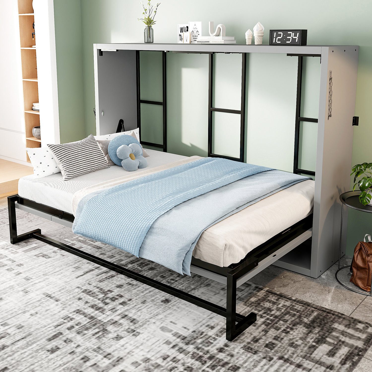 Odikalo Schrankbett 140x200 Murphy-Bett Faltbett mit Verriegelbarer Wandbefestigung (Metallrahmen-Wandklappbett, Kombination aus Metallrahmen und Holzplatte, Robust und Leise, Multifunktionales Bett)