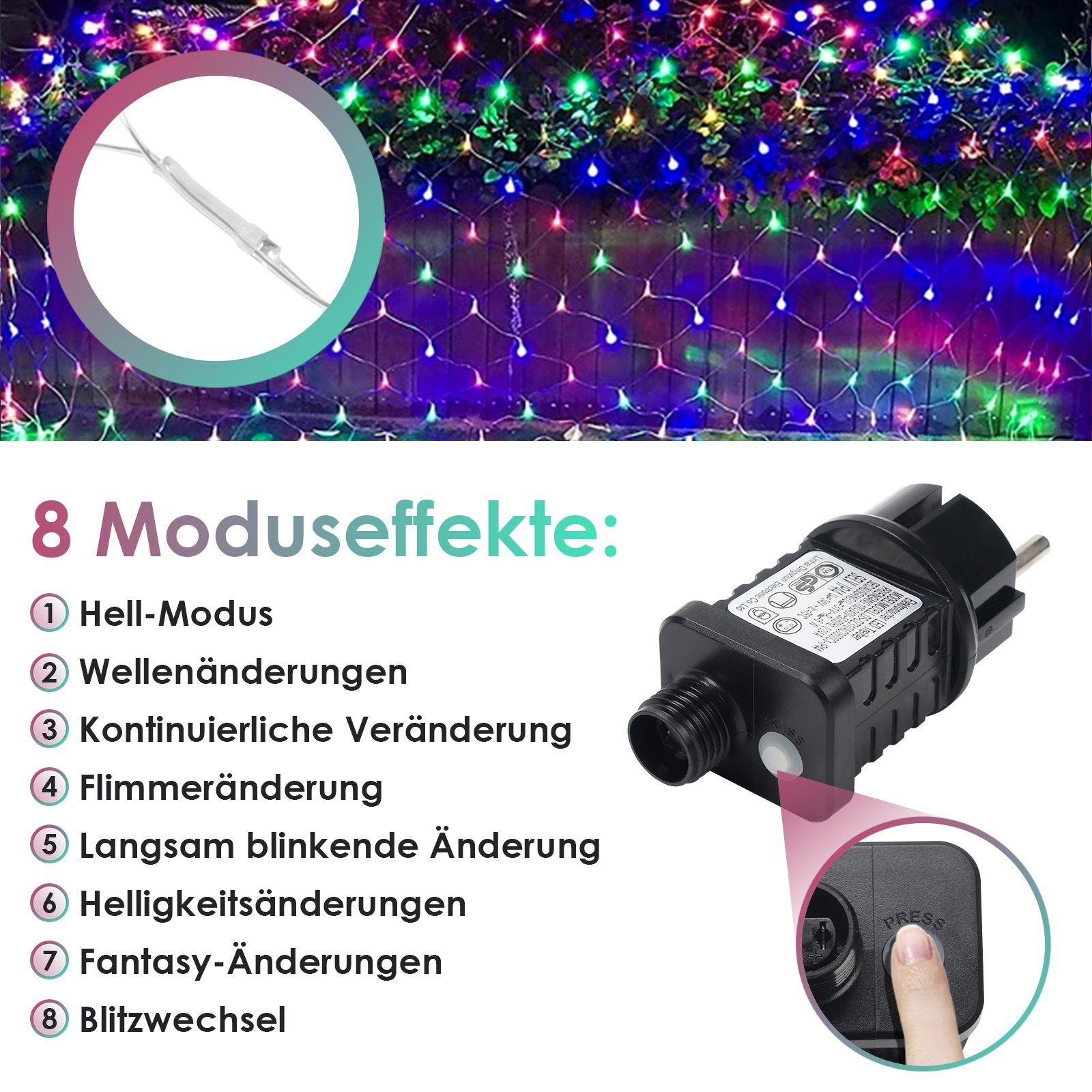 Lichternetz 8 LED-Lichternetz Lichtervorhang Bunt IP44 LED Lospitch Modi-Speicherfunktion