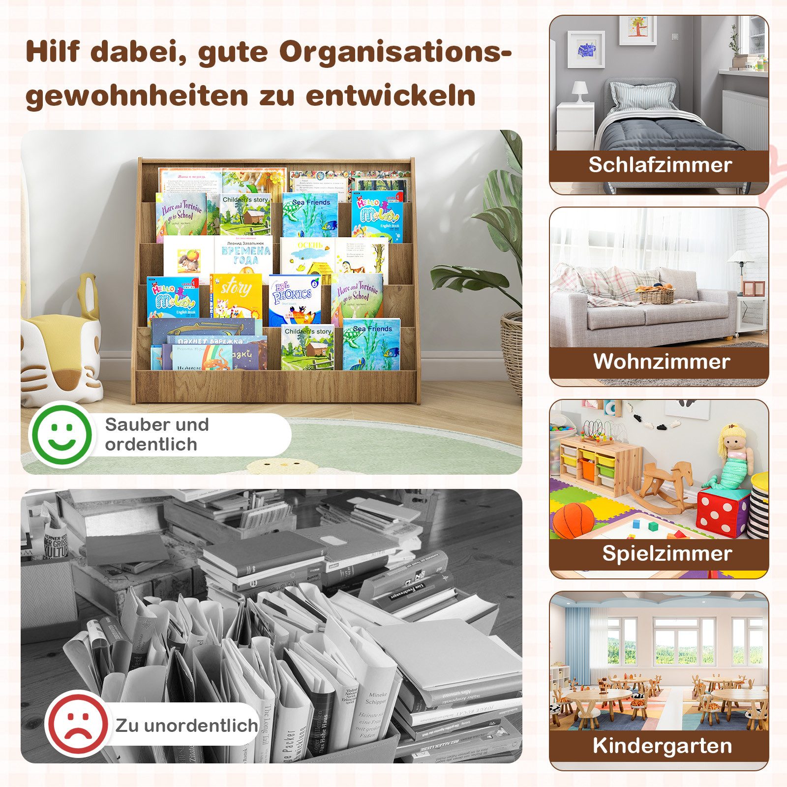 KOMFOTTEU Bücherregal 5-stufiges Kinderregal Montessori Kinderbücherregal, mit tiefen Fächern – Bild 5 von 5