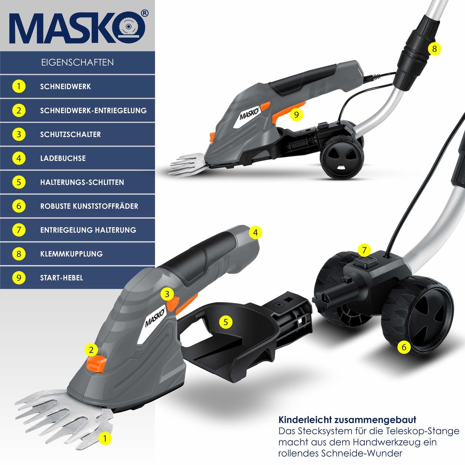 MASKO Akku-Grasschere, (0 St), Grasschere Strauchschere Set mit Akku 7,2V 2000mA/h Ladegerät