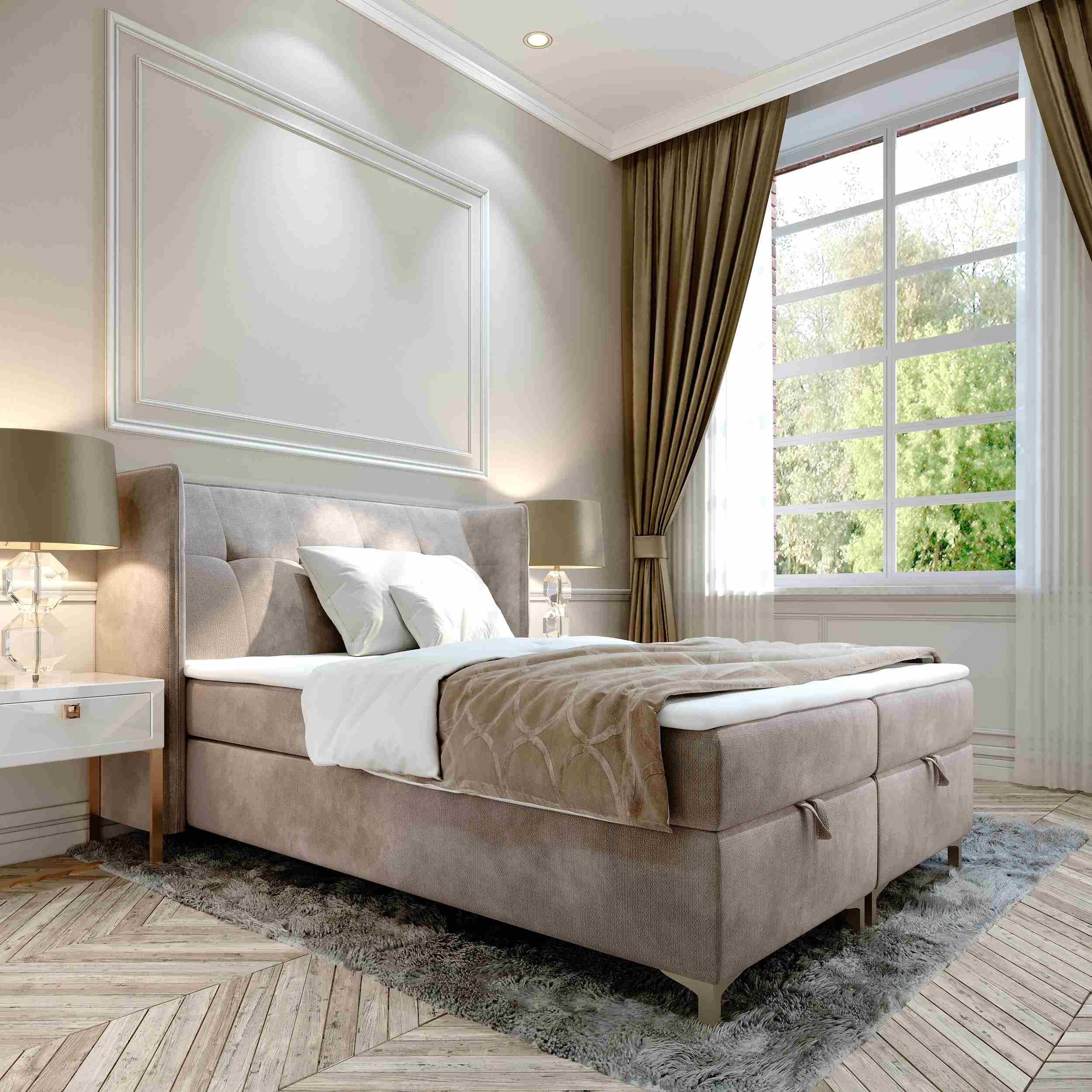 Furnix Polsterbett TOLIE 140,160, 180, 200x 200 cm Bett mit Bettkasten und Topper, wahlweise in 5 Größen und 7 Farben Beige | Polsterbetten