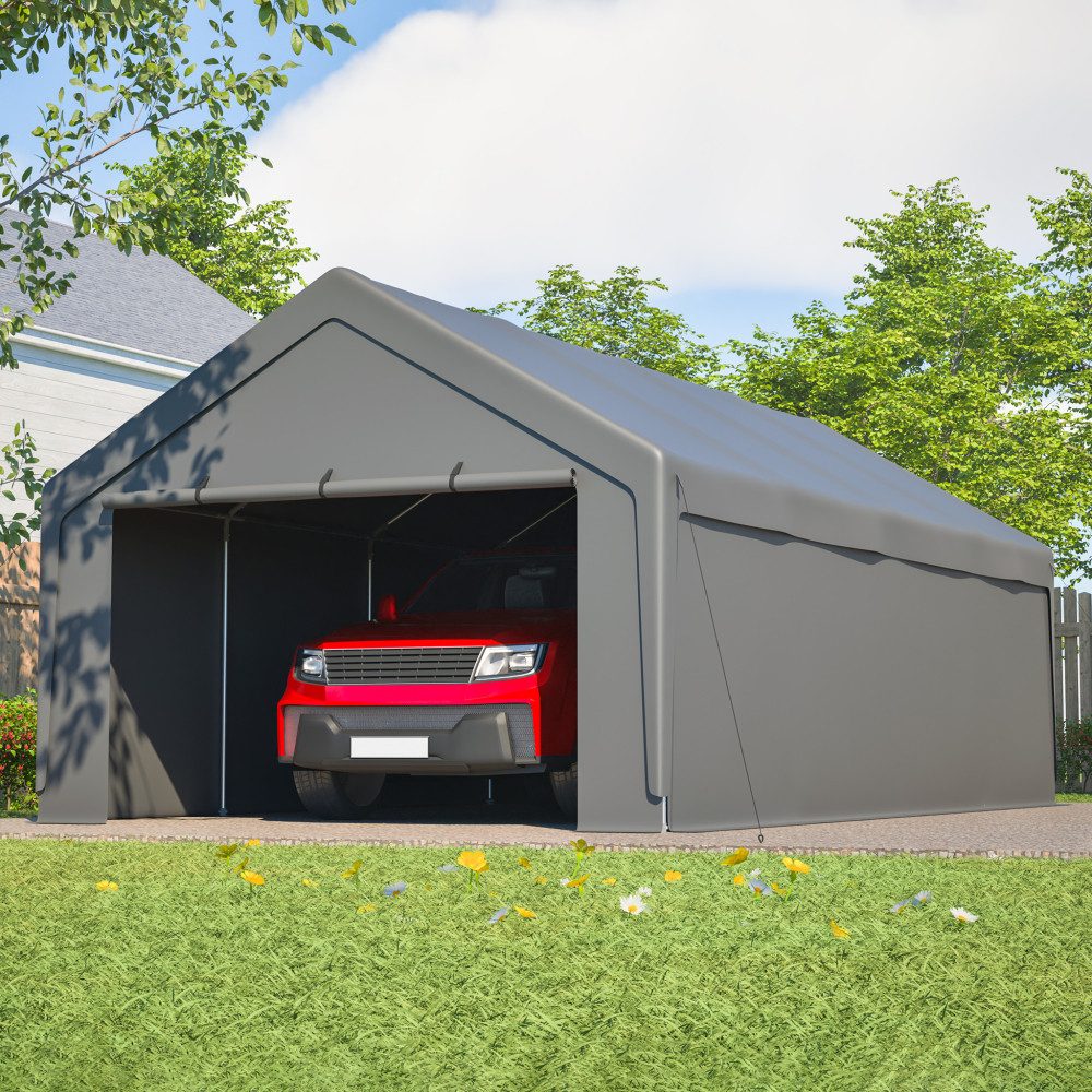 BBWL Einzelcarport mit verzinktem Stahlrahmen, wasserdichter UV Plane & Fenstern, BxT: 400x765 cm, 13x25 Carport Auto Garage – Schwerlast Unterstand