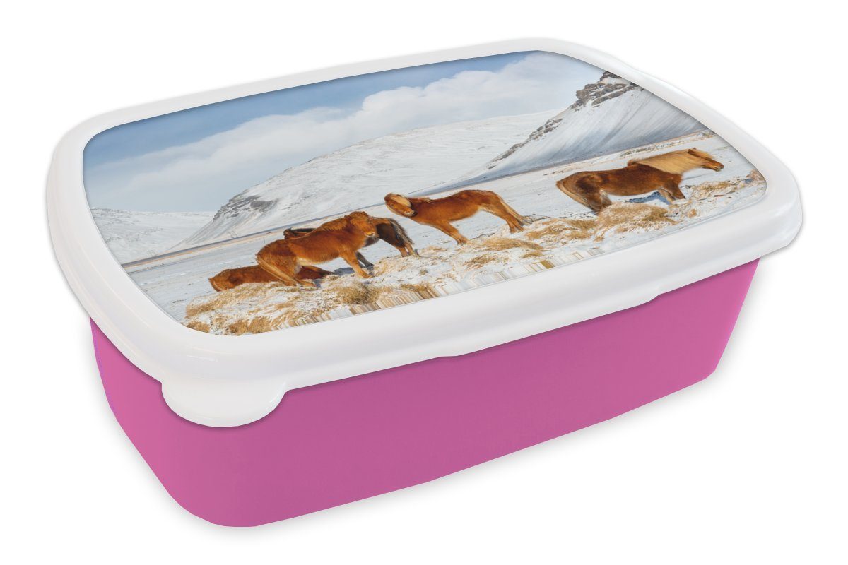 MuchoWow Lunchbox Braune Isländerpferde am Fuße eines schneebedeckten Berges, Kunststoff, (2-tlg), Brotbox für Erwachsene, Brotdose Kinder, Snackbox, Mädchen, Kunststoff rosa