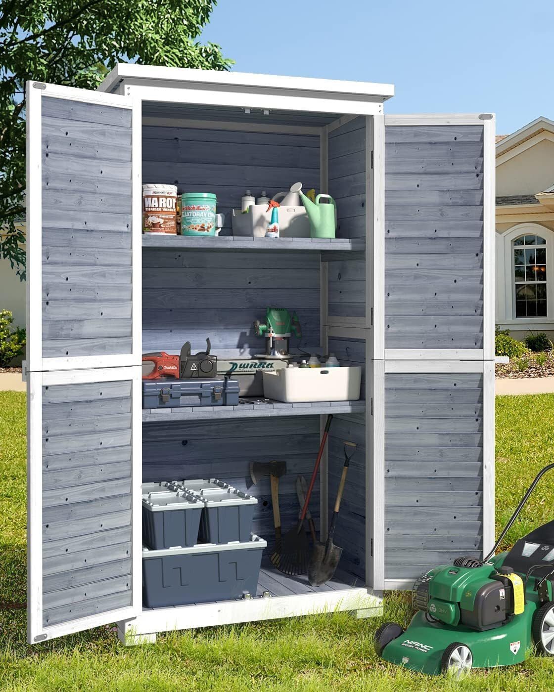 Blishom Gerätehaus Gartenschrank Holz mit Schloss, Geräteschrank Outdoor wasserdicht, mit 3 Regalen, Bitumendach, 160 × 47 × 87 cm