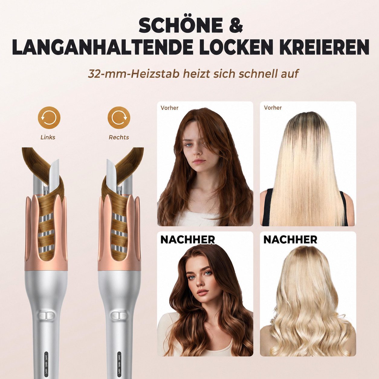 UKLISS Lockenstab Pro Automatischer Lockenstab 32 mm, Automatischer Haarwickler, mit 3 Temperaturstufen für langanhaltende Locken & Beach Waves