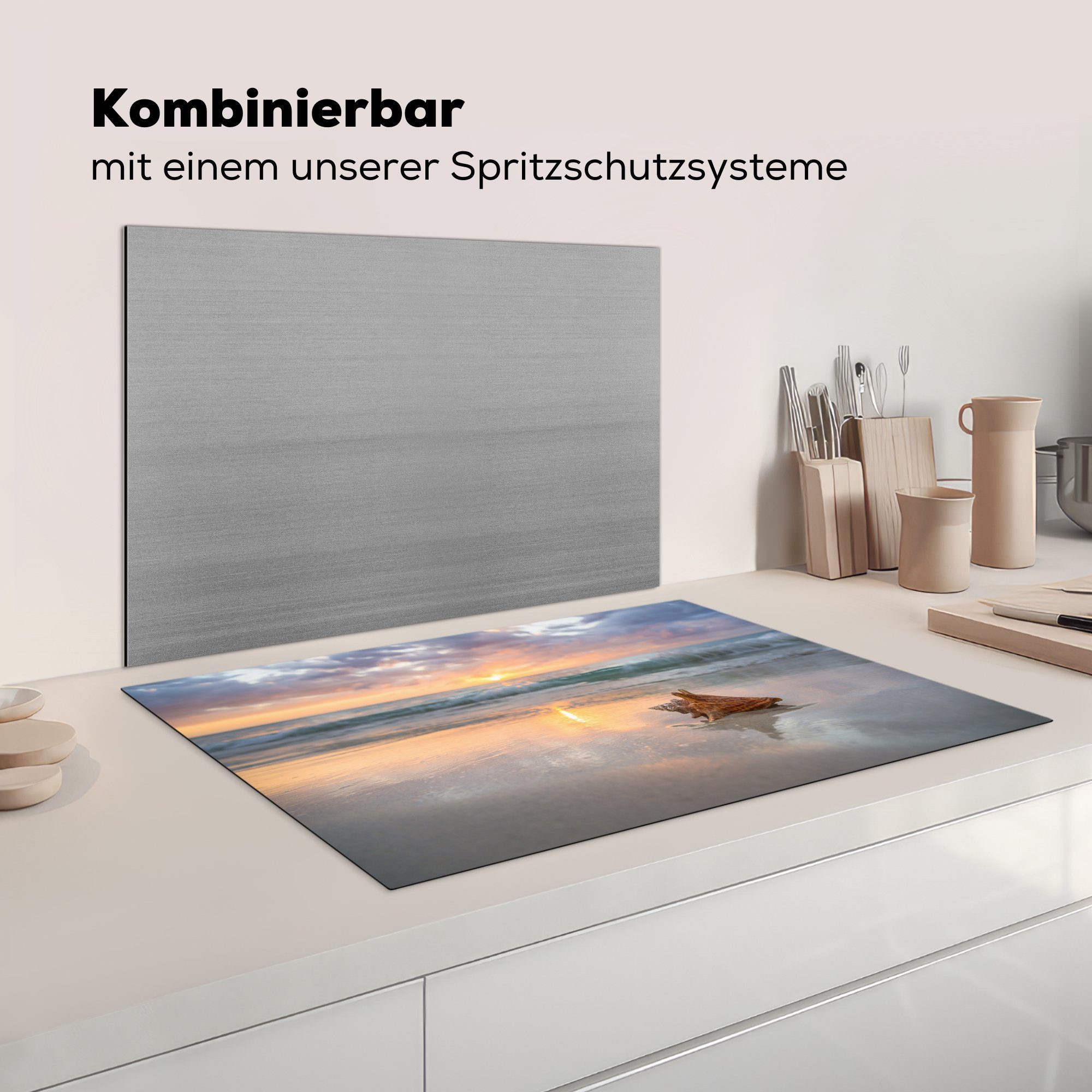 cm, in tlg), MuchoWow für Strand Ceranfeldabdeckung küche, einem Schutz die an Herdblende-/Abdeckplatte (1 Induktionskochfeld Jamaika, Muschel einer Vinyl, 81x52 Bild