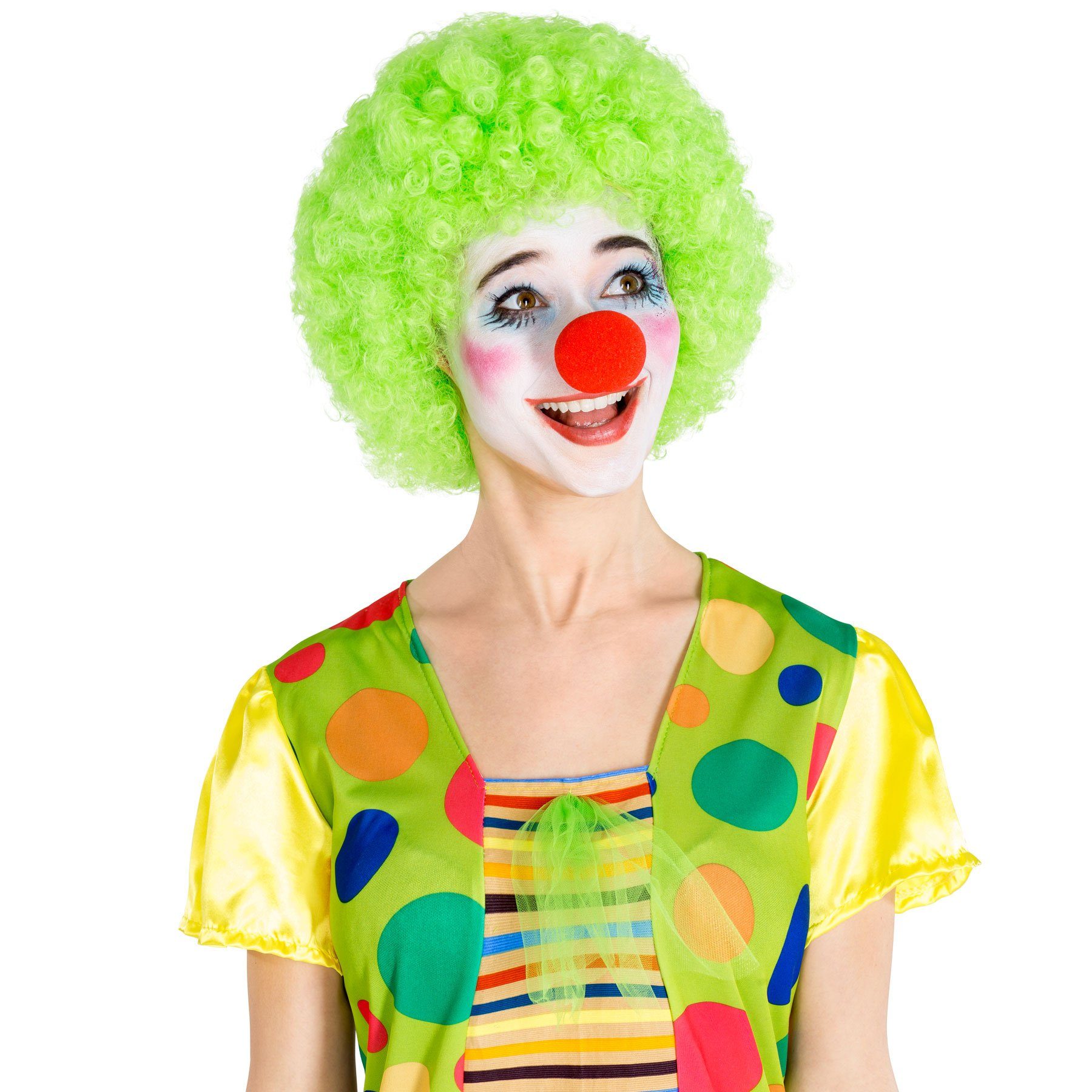 dressforfun Clown-Kostüm Spaßvogel/Komiker, in grün, Gr. XXL, Kurzes buntes Kleid, Kurze, Clown-Nase, Bunte Farben, Aufgenähte große Schleife aus Tüllstoff